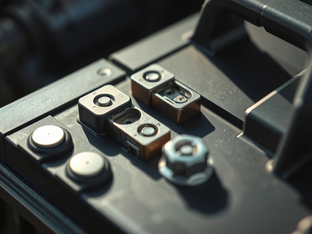 A detailed close-up of a car battery, showcasing the terminals and connectors. The terminals are clean and free of corrosion, with a shiny, metallic finish. The battery casing is dark gray, creating a muted, industrial backdrop. Soft, directional lighting from the side illuminates the intricate details, casting subtle shadows that accentuate the textures and contours. The image conveys a sense of care and maintenance, highlighting the importance of proper battery upkeep to ensure reliable performance and extended lifespan. The overall tone is one of professionalism and technical precision, suitable for illustrating a section on battery maintenance in an automotive article.