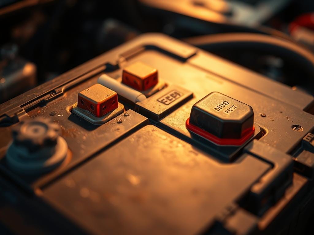 A detailed close-up of a well-maintained car battery, illuminated by soft, warm lighting. The battery's terminals are clean and free of corrosion, the casing is free of cracks or damage. The background is blurred, placing the focus on the battery's intricate components, showcasing its pristine condition. The overall scene conveys a sense of care and attention to preventive maintenance, reflecting the importance of battery upkeep during intense rainy weather. A detailed close-up of a well-maintained car battery, illuminated by soft, warm lighting. The battery's terminals are clean and free of corrosion, the casing is free of cracks or damage. The background is blurred, placing the focus on the battery's intricate components, showcasing its pristine condition. The overall scene conveys a sense of care and attention to preventive maintenance, reflecting the importance of battery upkeep during intense rainy weather.