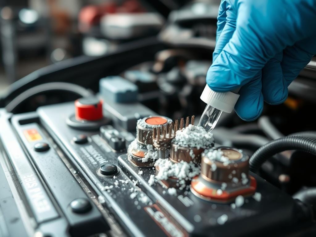 A detailed, close-up shot of a mechanic carefully cleaning the battery terminals of a car in a well-lit auto repair workshop. The terminals are covered in white, crusty deposits that the mechanic is meticulously scrubbing away with a wire brush. The mechanic's hands are gloved, and the tools used - a battery terminal cleaner, wire brush, and cleaning solution - are prominently featured. The background is blurred, keeping the focus on the delicate maintenance task at hand. The lighting is bright and natural, showcasing the importance of this preventative maintenance step for optimal battery performance. A detailed, close-up shot of a mechanic carefully cleaning the battery terminals of a car in a well-lit auto repair workshop. The terminals are covered in white, crusty deposits that the mechanic is meticulously scrubbing away with a wire brush. The mechanic's hands are gloved, and the tools used - a battery terminal cleaner, wire brush, and cleaning solution - are prominently featured. The background is blurred, keeping the focus on the delicate maintenance task at hand. The lighting is bright and natural, showcasing the importance of this preventative maintenance step for optimal battery performance.