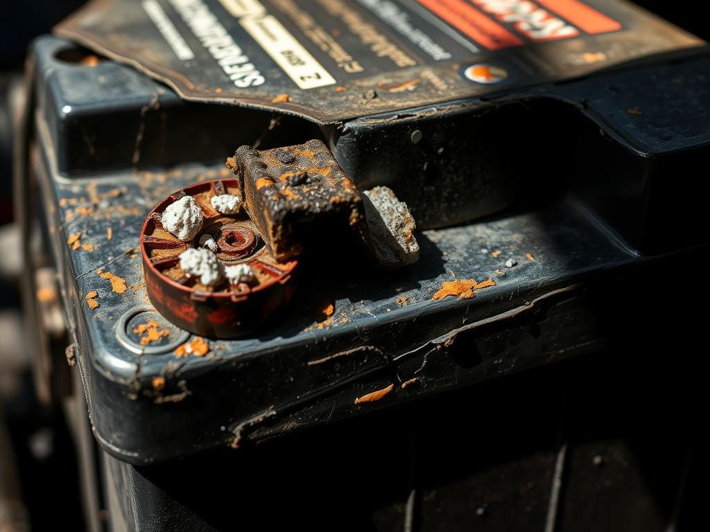 A detailed, close-up view of a damaged car battery, showcasing the various signs of wear and deterioration. The battery terminals are corroded and discolored, with a visible buildup of white, crystalline deposits. The casing has signs of cracking and bulging, indicating internal issues. Shadows cast across the battery create a sense of depth and dimensionality, while the lighting is slightly harsh, emphasizing the imperfections. The background is slightly blurred, keeping the focus on the battery itself, conveying a sense of urgency and the need for immediate attention. The overall mood is one of concern and the need for a thorough inspection. A detailed, close-up view of a damaged car battery, showcasing the various signs of wear and deterioration. The battery terminals are corroded and discolored, with a visible buildup of white, crystalline deposits. The casing has signs of cracking and bulging, indicating internal issues. Shadows cast across the battery create a sense of depth and dimensionality, while the lighting is slightly harsh, emphasizing the imperfections. The background is slightly blurred, keeping the focus on the battery itself, conveying a sense of urgency and the need for immediate attention. The overall mood is one of concern and the need for a thorough inspection.