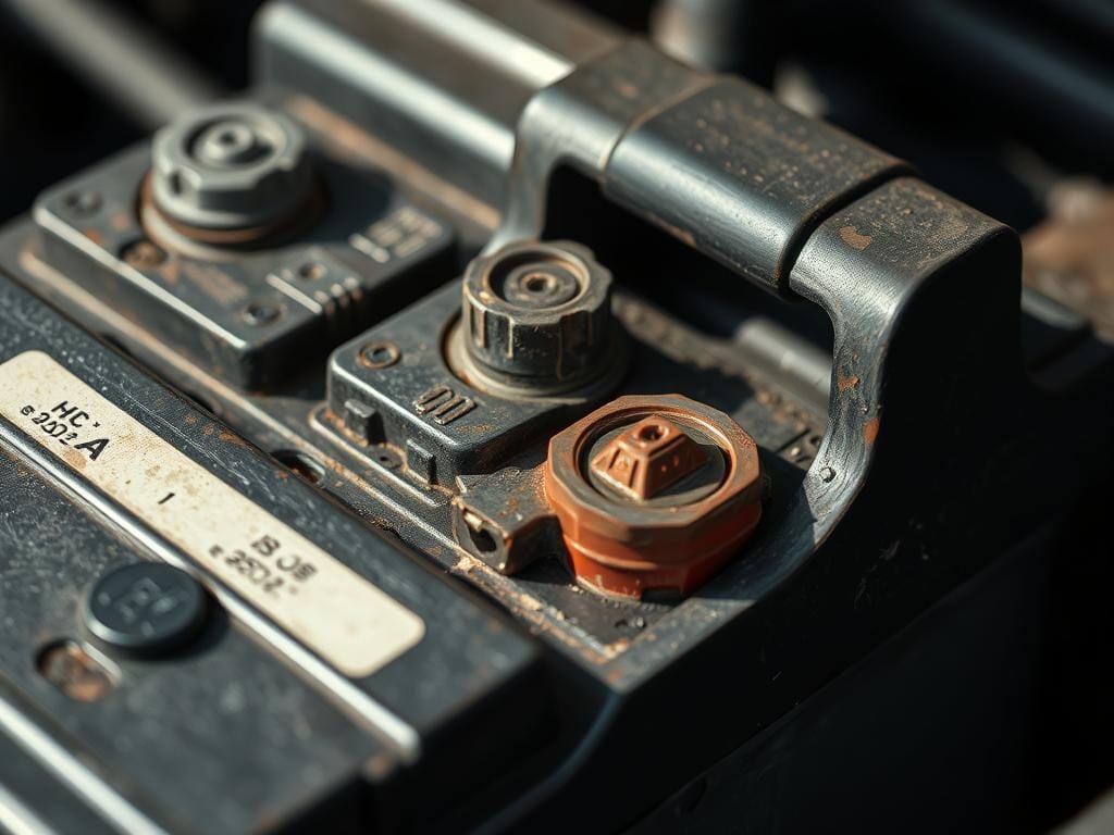 A detailed, close-up view of a vehicle's battery terminals and connectors, highlighting signs of corrosion, oxidation, and discoloration that indicate a defective or failing battery. The lighting is natural and slightly moody, casting subtle shadows to emphasize the textures and imperfections. The composition places the battery components prominently in the frame, filling the majority of the image, with a muted, blurred background to maintain focus on the subject. The overall mood is one of concern and the need for inspection or replacement, conveying the technical details required to identify a malfunctioning vehicle battery. A detailed, close-up view of a vehicle's battery terminals and connectors, highlighting signs of corrosion, oxidation, and discoloration that indicate a defective or failing battery. The lighting is natural and slightly moody, casting subtle shadows to emphasize the textures and imperfections. The composition places the battery components prominently in the frame, filling the majority of the image, with a muted, blurred background to maintain focus on the subject. The overall mood is one of concern and the need for inspection or replacement, conveying the technical details required to identify a malfunctioning vehicle battery.