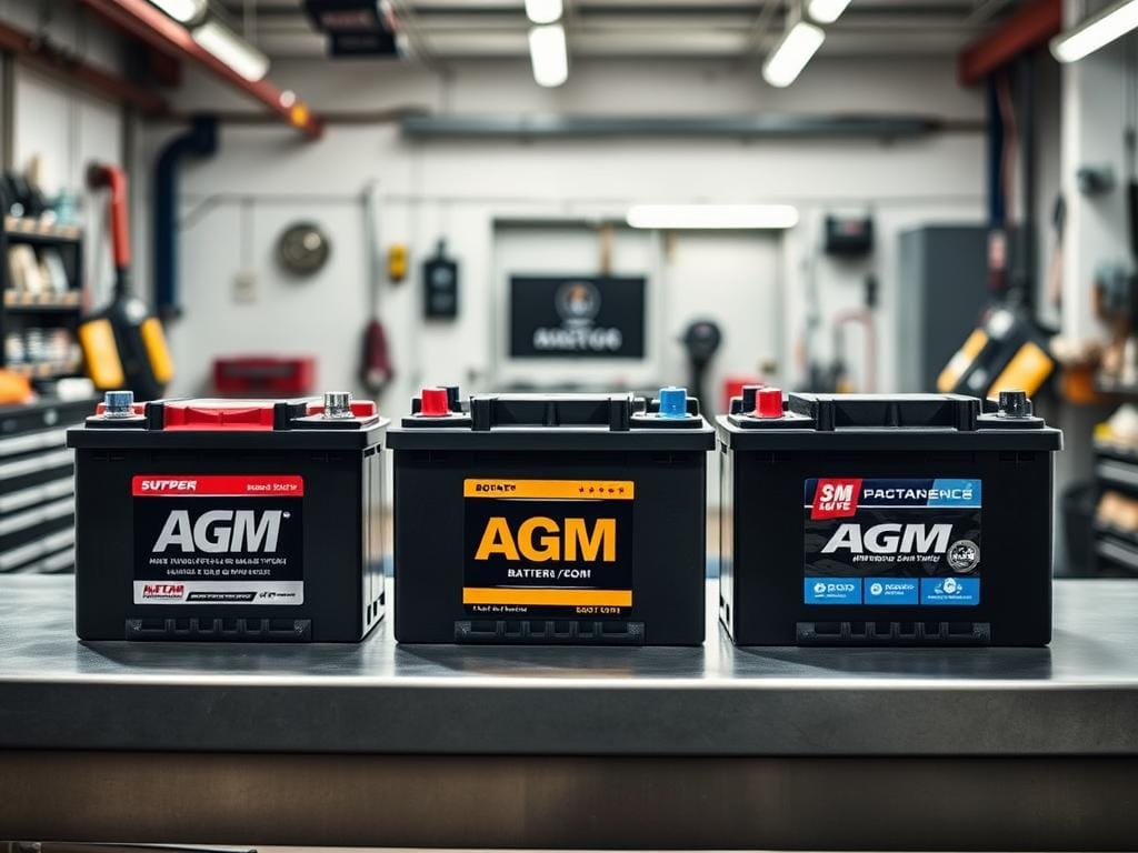 A detailed comparison of AGM batteries in Bogotá, showcased in a realistic, high-quality image. The foreground features three AGM batteries from different manufacturers, arranged neatly on a clean workbench. The middle ground depicts a well-lit, modern automotive workshop setting, with tools and equipment visible in the background. The lighting is natural, creating soft shadows and highlights that accentuate the textures and colors of the batteries. The overall tone is professional and informative, conveying the technical nature of the subject matter. The image should provide a clear, detailed visual reference for the "Tipos de baterías y cuál elegir para Bogotá" section of the article. A detailed comparison of AGM batteries in Bogotá, showcased in a realistic, high-quality image. The foreground features three AGM batteries from different manufacturers, arranged neatly on a clean workbench. The middle ground depicts a well-lit, modern automotive workshop setting, with tools and equipment visible in the background. The lighting is natural, creating soft shadows and highlights that accentuate the textures and colors of the batteries. The overall tone is professional and informative, conveying the technical nature of the subject matter. The image should provide a clear, detailed visual reference for the "Tipos de baterías y cuál elegir para Bogotá" section of the article.