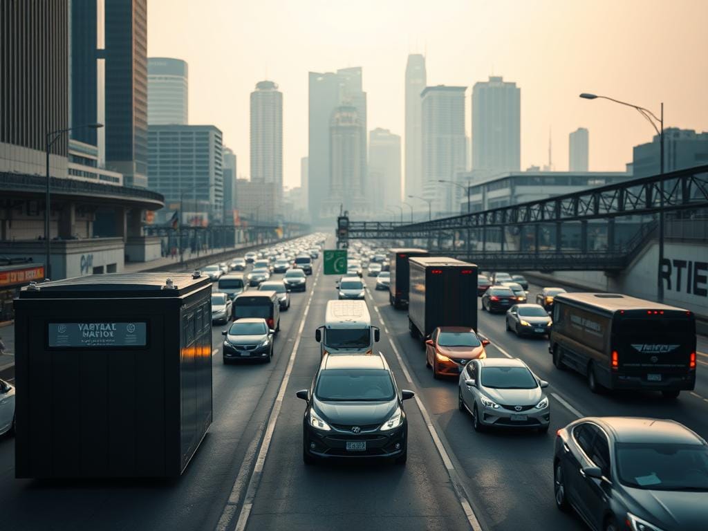 A detailed comparison of battery models suitable for the heavy traffic conditions of Bogotá. In the foreground, showcase three leading battery designs side-by-side, capturing their sleek, modern forms and durable construction. In the middle ground, depict the batteries in action, powering various vehicles navigating the bustling city streets. The background should convey the urban landscape of Bogotá, with towering skyscrapers, congested roads, and a hazy, atmospheric lighting that emphasizes the rugged environment. Ensure the image has a realistic, technical aesthetic, highlighting the batteries' ability to withstand the rigors of Bogotá's demanding transportation needs. A detailed comparison of battery models suitable for the heavy traffic conditions of Bogotá. In the foreground, showcase three leading battery designs side-by-side, capturing their sleek, modern forms and durable construction. In the middle ground, depict the batteries in action, powering various vehicles navigating the bustling city streets. The background should convey the urban landscape of Bogotá, with towering skyscrapers, congested roads, and a hazy, atmospheric lighting that emphasizes the rugged environment. Ensure the image has a realistic, technical aesthetic, highlighting the batteries' ability to withstand the rigors of Bogotá's demanding transportation needs.