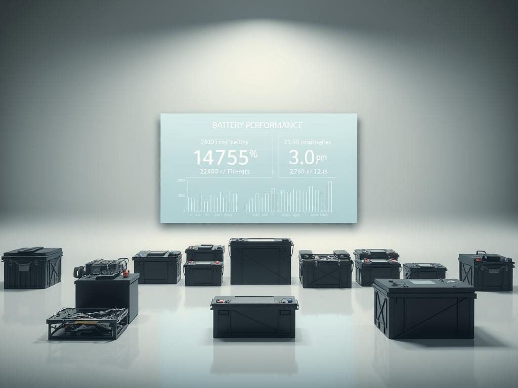 A detailed comparison of battery types showcased in a clean, well-lit studio setting. The foreground displays various battery models arranged neatly, their construction and components visible. The middle ground features battery performance metrics and specifications projected onto a sleek, minimalist display. The background subtly suggests the urban landscape of Bogotá, with soft, hazy cityscape elements providing context. Lighting is natural yet directional, highlighting the batteries' form and materiality. The overall mood is informative and technocratic, inviting the viewer to closely examine the batteries' features and suitability for Bogotá's environment. A detailed comparison of battery types showcased in a clean, well-lit studio setting. The foreground displays various battery models arranged neatly, their construction and components visible. The middle ground features battery performance metrics and specifications projected onto a sleek, minimalist display. The background subtly suggests the urban landscape of Bogotá, with soft, hazy cityscape elements providing context. Lighting is natural yet directional, highlighting the batteries' form and materiality. The overall mood is informative and technocratic, inviting the viewer to closely examine the batteries' features and suitability for Bogotá's environment.