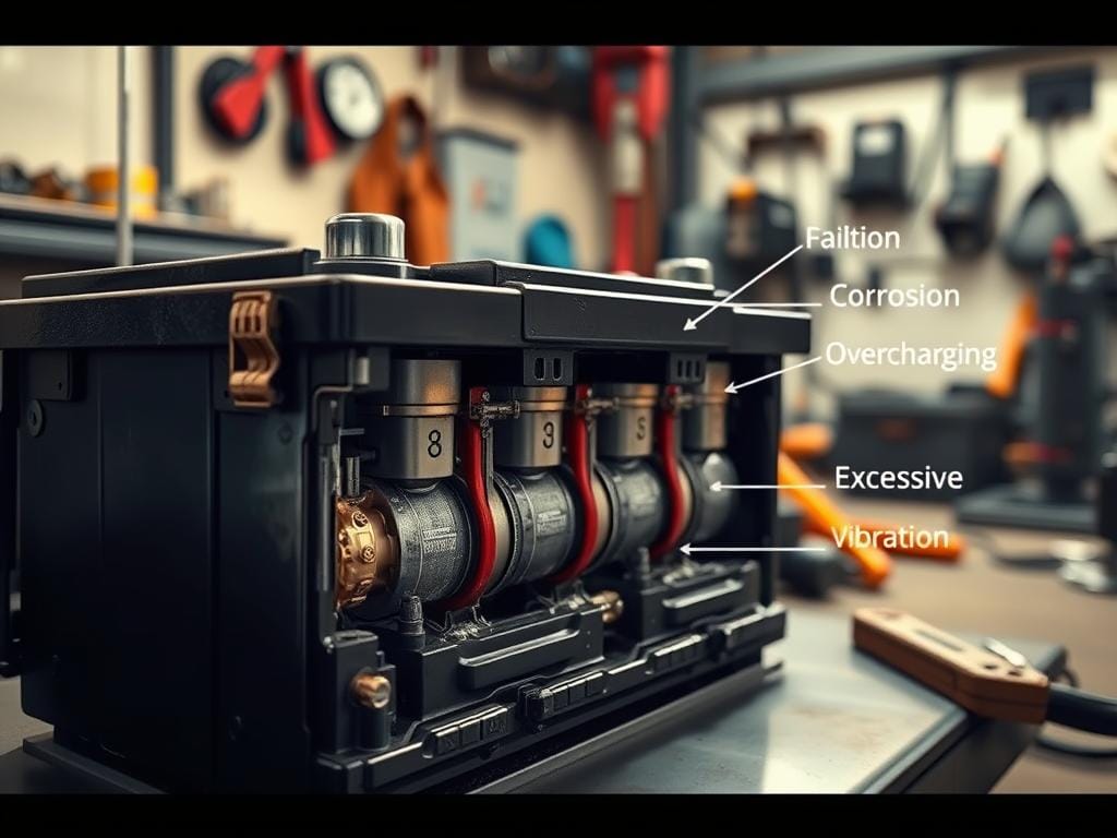 A detailed cross-section of a car battery, showcasing the primary causes of battery failure. The foreground features the internal components - the lead-acid plates, the sulfuric acid electrolyte, and the cell connectors. The middle ground highlights common issues like corrosion, overcharging, and excessive vibration. The background depicts a garage setting, with tools and diagnostic equipment, conveying a sense of troubleshooting and repair. The lighting is natural, with warm tones and soft shadows, creating a realistic and technical atmosphere. The overall image should provide a comprehensive visual guide to the main reasons for car battery failures, suitable for an educational article on the topic. A detailed cross-section of a car battery, showcasing the primary causes of battery failure. The foreground features the internal components - the lead-acid plates, the sulfuric acid electrolyte, and the cell connectors. The middle ground highlights common issues like corrosion, overcharging, and excessive vibration. The background depicts a garage setting, with tools and diagnostic equipment, conveying a sense of troubleshooting and repair. The lighting is natural, with warm tones and soft shadows, creating a realistic and technical atmosphere. The overall image should provide a comprehensive visual guide to the main reasons for car battery failures, suitable for an educational article on the topic.