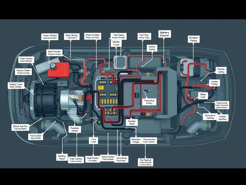 A detailed, cross-sectional diagram of a vehicle's electrical system, showcasing the intricate network of components and connections. The image should feature a clean, technical layout, with precise schematics and labels highlighting the battery, alternator, fuses, wiring harnesses, and other essential electrical elements. Rendered in a muted, engineering-inspired color palette, the diagram should convey a sense of technical proficiency and diagnostic clarity, suitable for illustrating common electrical problems in a car repair guide. A detailed, cross-sectional diagram of a vehicle's electrical system, showcasing the intricate network of components and connections. The image should feature a clean, technical layout, with precise schematics and labels highlighting the battery, alternator, fuses, wiring harnesses, and other essential electrical elements. Rendered in a muted, engineering-inspired color palette, the diagram should convey a sense of technical proficiency and diagnostic clarity, suitable for illustrating common electrical problems in a car repair guide.