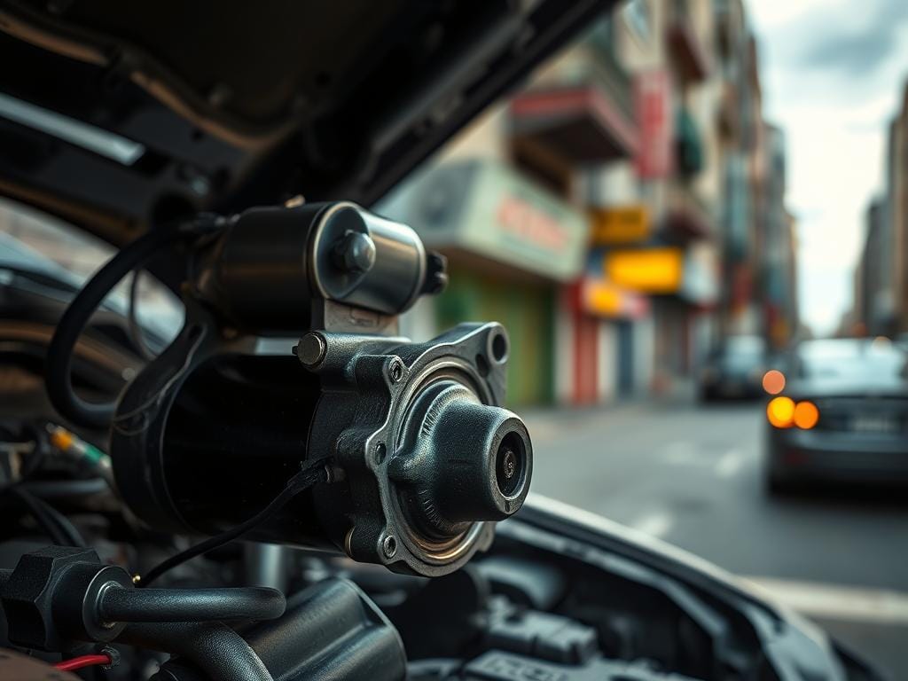 A detailed, high-resolution image of a car's starter motor, prominently featured in the foreground against a slightly blurred urban background showcasing the streets of Bogotá, Colombia. The starter motor should be depicted with a realistic level of detail, highlighting its mechanical components, wiring, and the mounting structure that connects it to the engine. The lighting should be natural, creating shadows and highlights that accurately convey the three-dimensional form of the subject. The overall mood should be one of technical focus, with a sense of the starter motor being an essential, functional component of the vehicle. A detailed, high-resolution image of a car's starter motor, prominently featured in the foreground against a slightly blurred urban background showcasing the streets of Bogotá, Colombia. The starter motor should be depicted with a realistic level of detail, highlighting its mechanical components, wiring, and the mounting structure that connects it to the engine. The lighting should be natural, creating shadows and highlights that accurately convey the three-dimensional form of the subject. The overall mood should be one of technical focus, with a sense of the starter motor being an essential, functional component of the vehicle.