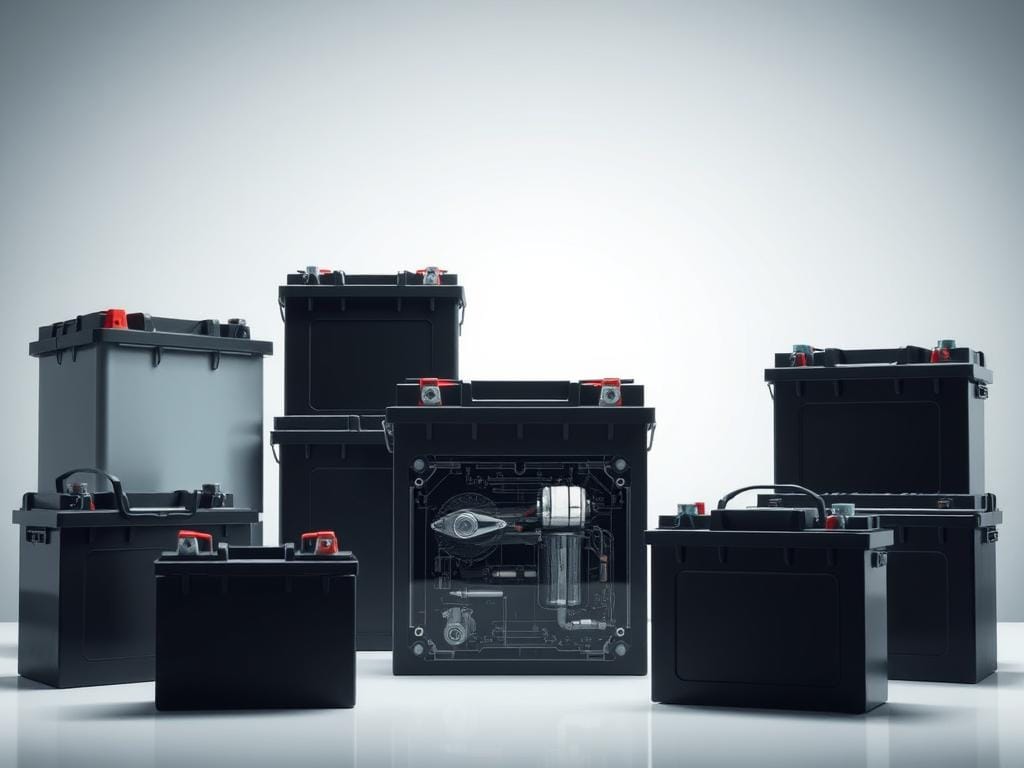 A detailed, high-resolution image of various automotive battery types showcased in a sleek, modern composition. The foreground features a range of battery models, including traditional lead-acid, AGM, and lithium-ion variants, displayed against a clean, minimalist backdrop. The middle ground presents a technical cross-section view, revealing the internal components and construction of each battery type. The background subtly blends with the overall aesthetic, incorporating subtle automotive or industrial design elements to create a cohesive and visually striking scene. The lighting is soft and directional, emphasizing the textures, materials, and technical details of the batteries. The overall mood is one of precision, professionalism, and technical expertise, perfectly suited to showcase the diversity of automotive battery options. A detailed, high-resolution image of various automotive battery types showcased in a sleek, modern composition. The foreground features a range of battery models, including traditional lead-acid, AGM, and lithium-ion variants, displayed against a clean, minimalist backdrop. The middle ground presents a technical cross-section view, revealing the internal components and construction of each battery type. The background subtly blends with the overall aesthetic, incorporating subtle automotive or industrial design elements to create a cohesive and visually striking scene. The lighting is soft and directional, emphasizing the textures, materials, and technical details of the batteries. The overall mood is one of precision, professionalism, and technical expertise, perfectly suited to showcase the diversity of automotive battery options.