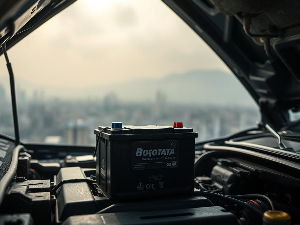 A detailed, high-resolution image showcasing the impact of Bogotá's high-altitude climate on car batteries. The scene depicts a well-lit, hyper-realistic engine bay, with a prominently featured car battery. The battery appears slightly worn, its terminals slightly corroded, reflecting the challenging conditions of Bogotá's chilly, oxygen-thin air. The background features a hazy, overcast sky, with a slight mist obscuring the distant cityscape, conveying the metropolitan environment. Subtle yet impactful lighting casts dramatic shadows, emphasizing the battery's placement and condition. The overall tone is one of technical precision, highlighting the practical concerns faced by Bogotá's drivers regarding their vehicle's power sources. A detailed, high-resolution image showcasing the impact of Bogotá's high-altitude climate on car batteries. The scene depicts a well-lit, hyper-realistic engine bay, with a prominently featured car battery. The battery appears slightly worn, its terminals slightly corroded, reflecting the challenging conditions of Bogotá's chilly, oxygen-thin air. The background features a hazy, overcast sky, with a slight mist obscuring the distant cityscape, conveying the metropolitan environment. Subtle yet impactful lighting casts dramatic shadows, emphasizing the battery's placement and condition. The overall tone is one of technical precision, highlighting the practical concerns faced by Bogotá's drivers regarding their vehicle's power sources.