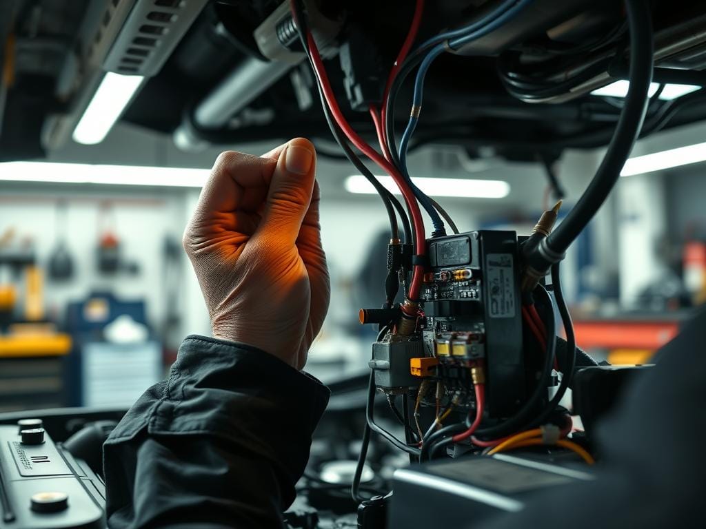 A detailed, hyper-realistic image of a mechanic's hands working on the electrical system of a car. The scene is set in a well-lit auto repair shop, with tools and equipment in the background. The focus is on the hands skillfully troubleshooting and repairing various electrical components, such as wiring, fuses, and circuit boards. The lighting casts dramatic shadows, highlighting the intricate nature of the work. The overall atmosphere conveys a sense of expertise, problem-solving, and the practical solutions needed to address common electrical issues in vehicles. A detailed, hyper-realistic image of a mechanic's hands working on the electrical system of a car. The scene is set in a well-lit auto repair shop, with tools and equipment in the background. The focus is on the hands skillfully troubleshooting and repairing various electrical components, such as wiring, fuses, and circuit boards. The lighting casts dramatic shadows, highlighting the intricate nature of the work. The overall atmosphere conveys a sense of expertise, problem-solving, and the practical solutions needed to address common electrical issues in vehicles.