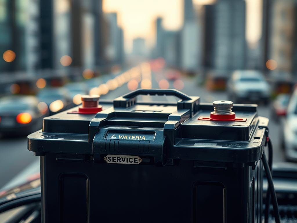 A detailed image of a car battery with various contact points and service options. The battery is prominently displayed in the foreground, with a clean, well-lit setting. The background features a blurred cityscape, suggesting an urban environment. The lighting is soft and natural, creating a warm, professional atmosphere. The composition emphasizes the battery's technical details, such as the terminals, clamps, and voltage indicators, conveying a sense of reliability and expertise. The overall scene reflects the idea of on-site battery installation and service in Bogotá. A detailed image of a car battery with various contact points and service options. The battery is prominently displayed in the foreground, with a clean, well-lit setting. The background features a blurred cityscape, suggesting an urban environment. The lighting is soft and natural, creating a warm, professional atmosphere. The composition emphasizes the battery's technical details, such as the terminals, clamps, and voltage indicators, conveying a sense of reliability and expertise. The overall scene reflects the idea of on-site battery installation and service in Bogotá.