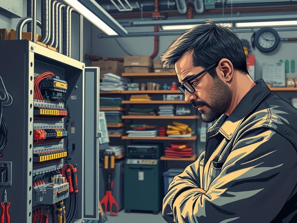 A detailed, step-by-step technical maintenance procedure for an electrical system, captured in a realistic, highly detailed illustration. The image shows a well-lit workshop interior, with a mechanic in the foreground closely examining the wiring and components of an electrical panel. The middle ground features a variety of specialized tools and equipment, while the background showcases shelves of spare parts and technical manuals. The lighting is bright and directional, creating distinct shadows and highlights that emphasize the textures and materials. The overall mood is one of focused professionalism, with an emphasis on the precise, systematic nature of the maintenance process. A detailed, step-by-step technical maintenance procedure for an electrical system, captured in a realistic, highly detailed illustration. The image shows a well-lit workshop interior, with a mechanic in the foreground closely examining the wiring and components of an electrical panel. The middle ground features a variety of specialized tools and equipment, while the background showcases shelves of spare parts and technical manuals. The lighting is bright and directional, creating distinct shadows and highlights that emphasize the textures and materials. The overall mood is one of focused professionalism, with an emphasis on the precise, systematic nature of the maintenance process.