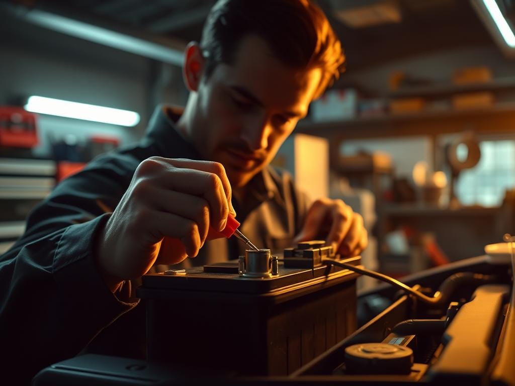 A dimly lit auto repair workshop, the focus on a mechanic's workbench where a car battery is being carefully installed. Precise hands connect the terminals, ensuring a secure fit. Toolboxes and shelves of spare parts create a sense of professional expertise. Warm, directional lighting casts dramatic shadows, heightening the technical process. The mechanic's face is obscured, emphasizing the intricate task at hand. The background is softly blurred, keeping attention on the delicate battery installation procedure. An atmosphere of skilled craftsmanship and attention to detail pervades the scene. A dimly lit auto repair workshop, the focus on a mechanic's workbench where a car battery is being carefully installed. Precise hands connect the terminals, ensuring a secure fit. Toolboxes and shelves of spare parts create a sense of professional expertise. Warm, directional lighting casts dramatic shadows, heightening the technical process. The mechanic's face is obscured, emphasizing the intricate task at hand. The background is softly blurred, keeping attention on the delicate battery installation procedure. An atmosphere of skilled craftsmanship and attention to detail pervades the scene.