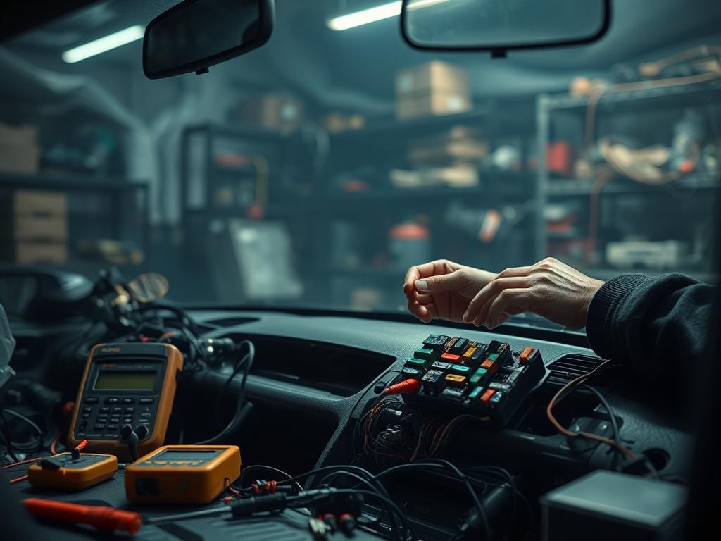 A dimly lit, automotive workshop scene showcasing various electrical components and wiring systems of a car. In the foreground, a car's dashboard is partially disassembled, revealing the intricate network of cables and circuit boards. Nearby, a multimeter and tools are scattered, suggesting an ongoing diagnostic process. In the middle ground, a technician's hands carefully inspect a fuse box, examining for any signs of damage or malfunctioning. The background is hazy, with shelves of spare parts and equipment casting shadows, creating a sense of technical complexity and the challenges faced in troubleshooting automotive electrical issues. The overall atmosphere is one of focused, meticulous work, with the subtle glow of task lighting illuminating the scene. A dimly lit, automotive workshop scene showcasing various electrical components and wiring systems of a car. In the foreground, a car's dashboard is partially disassembled, revealing the intricate network of cables and circuit boards. Nearby, a multimeter and tools are scattered, suggesting an ongoing diagnostic process. In the middle ground, a technician's hands carefully inspect a fuse box, examining for any signs of damage or malfunctioning. The background is hazy, with shelves of spare parts and equipment casting shadows, creating a sense of technical complexity and the challenges faced in troubleshooting automotive electrical issues. The overall atmosphere is one of focused, meticulous work, with the subtle glow of task lighting illuminating the scene.