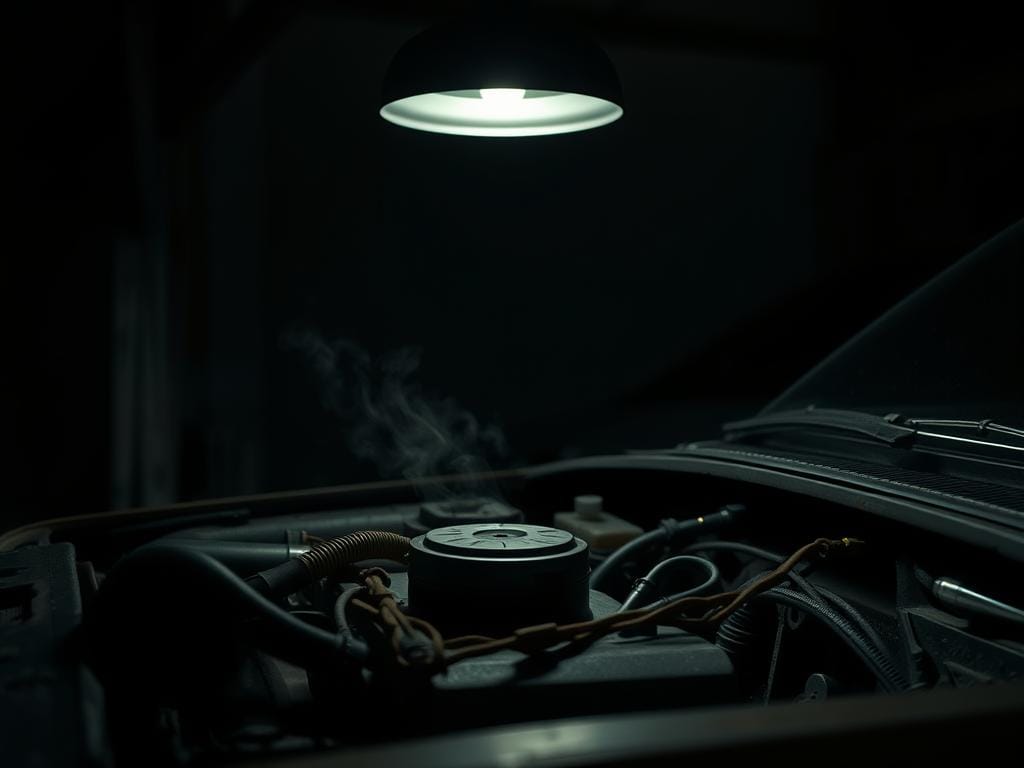 A dimly lit garage interior, the focus on a struggling car engine as it slowly turns over, straining to start. Thick shadows cast by a single overhead light create a moody, foreboding atmosphere. The battery cables appear worn, the metal corroded, hinting at the source of the problem. Wisps of smoke curl from the engine bay, the sound of the starter motor's labored groan echoing in the space. The car's body is partially visible in the background, its once-vibrant paint now faded and weathered. This scene conveys the frustration and sense of impending failure associated with a failing car battery and a difficult engine start. A dimly lit garage interior, the focus on a struggling car engine as it slowly turns over, straining to start. Thick shadows cast by a single overhead light create a moody, foreboding atmosphere. The battery cables appear worn, the metal corroded, hinting at the source of the problem. Wisps of smoke curl from the engine bay, the sound of the starter motor's labored groan echoing in the space. The car's body is partially visible in the background, its once-vibrant paint now faded and weathered. This scene conveys the frustration and sense of impending failure associated with a failing car battery and a difficult engine start.