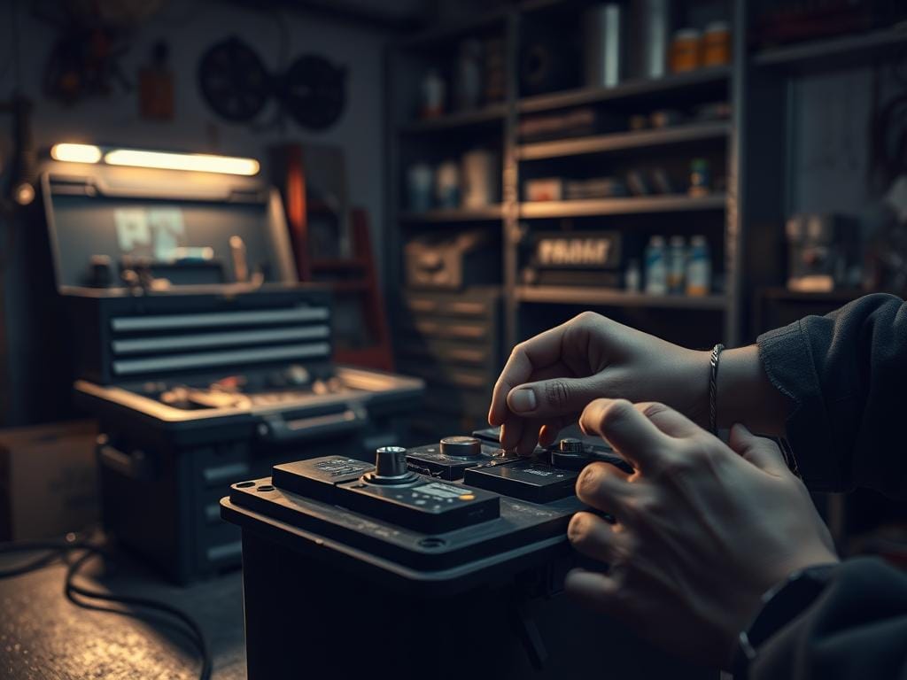 A dimly lit garage workspace, with a well-organized toolbox and a car battery resting on a workbench. Soft, warm lighting casts subtle shadows, creating a cozy, focused atmosphere. In the foreground, a pair of mechanic's hands carefully inspecting the battery terminals, assessing its charge level and overall condition. The background features shelves stocked with replacement parts and maintenance supplies, hinting at the comprehensive knowledge required for proper battery upkeep. The scene conveys a sense of expertise, attention to detail, and the importance of basic battery maintenance for reliable vehicle performance. A dimly lit garage workspace, with a well-organized toolbox and a car battery resting on a workbench. Soft, warm lighting casts subtle shadows, creating a cozy, focused atmosphere. In the foreground, a pair of mechanic's hands carefully inspecting the battery terminals, assessing its charge level and overall condition. The background features shelves stocked with replacement parts and maintenance supplies, hinting at the comprehensive knowledge required for proper battery upkeep. The scene conveys a sense of expertise, attention to detail, and the importance of basic battery maintenance for reliable vehicle performance.