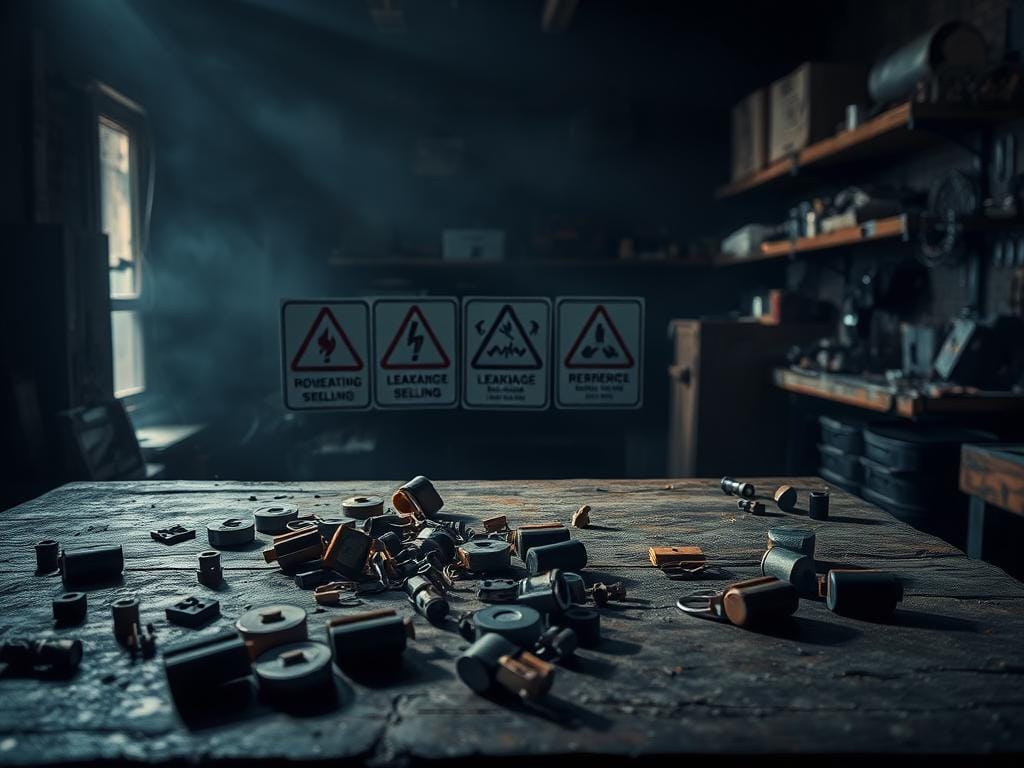 A dimly lit industrial workshop, with a weathered workbench in the foreground. Scattered across the surface are various battery components - terminals, cells, and connectors. The lighting casts long shadows, creating a sense of urgency and importance. In the middle ground, a series of warning signs in Spanish are displayed, highlighting common battery issues like overheating, leakage, and swelling. The background is hazy, with shelves of spare parts and tools, emphasizing the need for vigilant maintenance. The overall atmosphere conveys a sense of caution and the importance of recognizing early warning signs to prevent battery failure. A dimly lit industrial workshop, with a weathered workbench in the foreground. Scattered across the surface are various battery components - terminals, cells, and connectors. The lighting casts long shadows, creating a sense of urgency and importance. In the middle ground, a series of warning signs in Spanish are displayed, highlighting common battery issues like overheating, leakage, and swelling. The background is hazy, with shelves of spare parts and tools, emphasizing the need for vigilant maintenance. The overall atmosphere conveys a sense of caution and the importance of recognizing early warning signs to prevent battery failure.