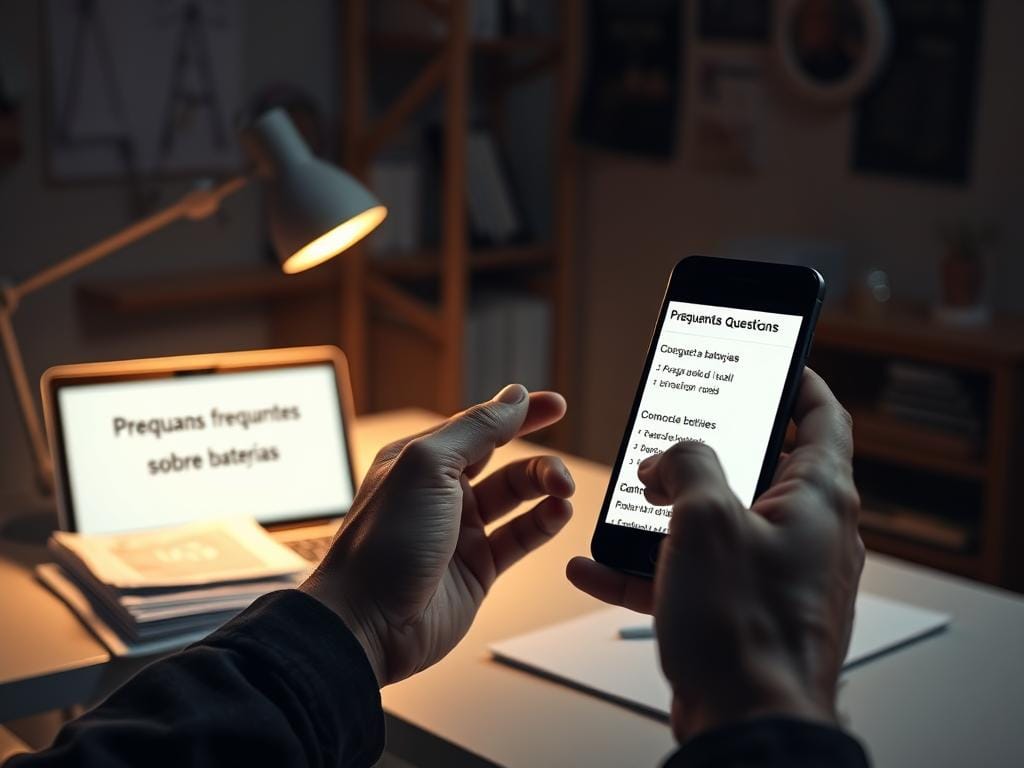 A dimly lit office space, the desk illuminated by a warm desk lamp. On the desk, an open laptop and a stack of papers labeled "Preguntas frecuentes sobre baterías". In the foreground, a pair of hands holding a smartphone, scrolling through a list of frequently asked questions. The room is filled with a sense of concentration and problem-solving, conveying the idea of a user-friendly and informative guide for battery-related inquiries. A dimly lit office space, the desk illuminated by a warm desk lamp. On the desk, an open laptop and a stack of papers labeled "Preguntas frecuentes sobre baterías". In the foreground, a pair of hands holding a smartphone, scrolling through a list of frequently asked questions. The room is filled with a sense of concentration and problem-solving, conveying the idea of a user-friendly and informative guide for battery-related inquiries.
