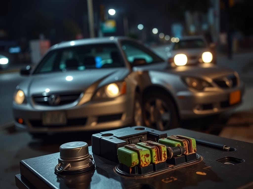 A dimly lit street in Bogotá, Colombia, with a silver sedan parked on the curb. The engine is off, but the dashboard lights flicker erratically, indicating a problem with the car's battery. The headlights are dim, and the engine struggles to turn over, suggesting a gradual discharge. In the foreground, the battery terminals appear corroded, with a greenish-white buildup, hinting at a potential internal issue. The scene is captured with a shallow depth of field, focusing the viewer's attention on the car's vital signs, conveying a sense of concern and the need for immediate attention.