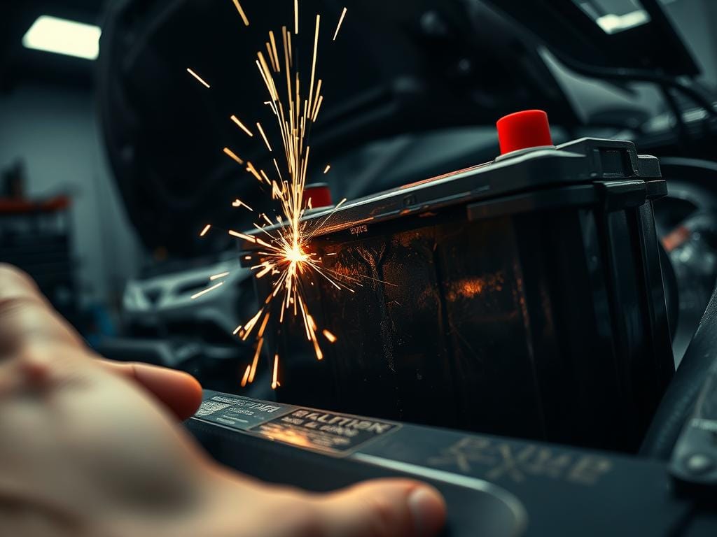 A drained and corroded car battery, its terminals emitting sparks, casting an ominous glow across a dimly lit garage. In the foreground, a mechanic's hand reaches cautiously, while behind, a partially obscured engine bay hints at the potential dangers of a malfunctioning power source. The scene is captured with a close-up, high-contrast perspective, emphasizing the hazardous nature of a faulty battery and the need for immediate attention to ensure safe driving conditions. A drained and corroded car battery, its terminals emitting sparks, casting an ominous glow across a dimly lit garage. In the foreground, a mechanic's hand reaches cautiously, while behind, a partially obscured engine bay hints at the potential dangers of a malfunctioning power source. The scene is captured with a close-up, high-contrast perspective, emphasizing the hazardous nature of a faulty battery and the need for immediate attention to ensure safe driving conditions.