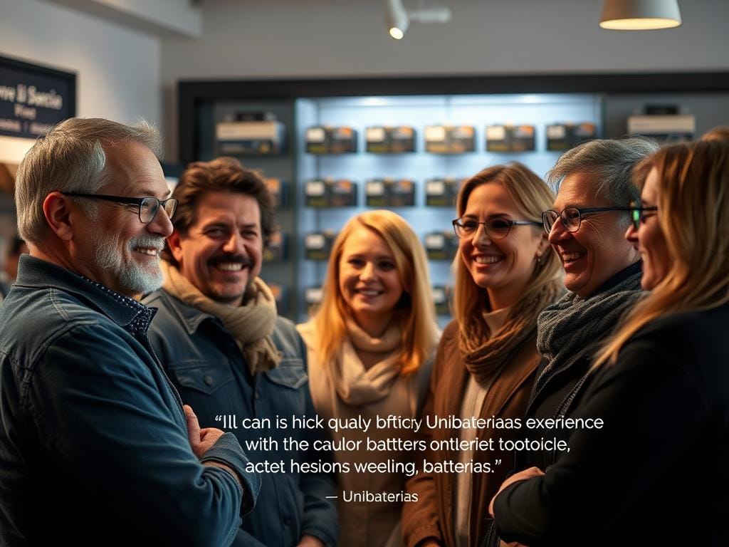 A group of satisfied customers gathered in a well-lit showroom, their faces beaming with contentment as they share their experiences with the high-quality batteries from Unibaterias. The warm, inviting atmosphere is enhanced by soft, natural lighting that casts a subtle glow, highlighting the customers' expressions of trust and satisfaction. The display of battery models in the background provides a subtle, yet informative context, reinforcing the company's expertise and reliability. The overall scene conveys a sense of authenticity and credibility, inviting the viewer to consider the testimonials as genuine reflections of the brand's commitment to customer satisfaction. A group of satisfied customers gathered in a well-lit showroom, their faces beaming with contentment as they share their experiences with the high-quality batteries from Unibaterias. The warm, inviting atmosphere is enhanced by soft, natural lighting that casts a subtle glow, highlighting the customers' expressions of trust and satisfaction. The display of battery models in the background provides a subtle, yet informative context, reinforcing the company's expertise and reliability. The overall scene conveys a sense of authenticity and credibility, inviting the viewer to consider the testimonials as genuine reflections of the brand's commitment to customer satisfaction.