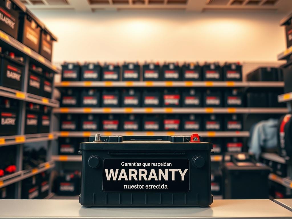 A high-angle shot of a well-stocked automotive battery display, showcasing a range of batteries with their warranties prominently featured. The batteries are neatly arranged on shelves, their sleek black and silver casings reflecting the warm, diffused lighting above. In the foreground, a battery with a bold warranty label takes center stage, drawing the viewer's attention to the reliable and trustworthy nature of the service. The background features a clean, minimalist retail environment, hinting at the professionalism and attention to detail of the establishment. The overall scene conveys a sense of confidence and reassurance, reflecting the "Garantías que respaldan nuestro servicio" theme. A high-angle shot of a well-stocked automotive battery display, showcasing a range of batteries with their warranties prominently featured. The batteries are neatly arranged on shelves, their sleek black and silver casings reflecting the warm, diffused lighting above. In the foreground, a battery with a bold warranty label takes center stage, drawing the viewer's attention to the reliable and trustworthy nature of the service. The background features a clean, minimalist retail environment, hinting at the professionalism and attention to detail of the establishment. The overall scene conveys a sense of confidence and reassurance, reflecting the "Garantías que respaldan nuestro servicio" theme.