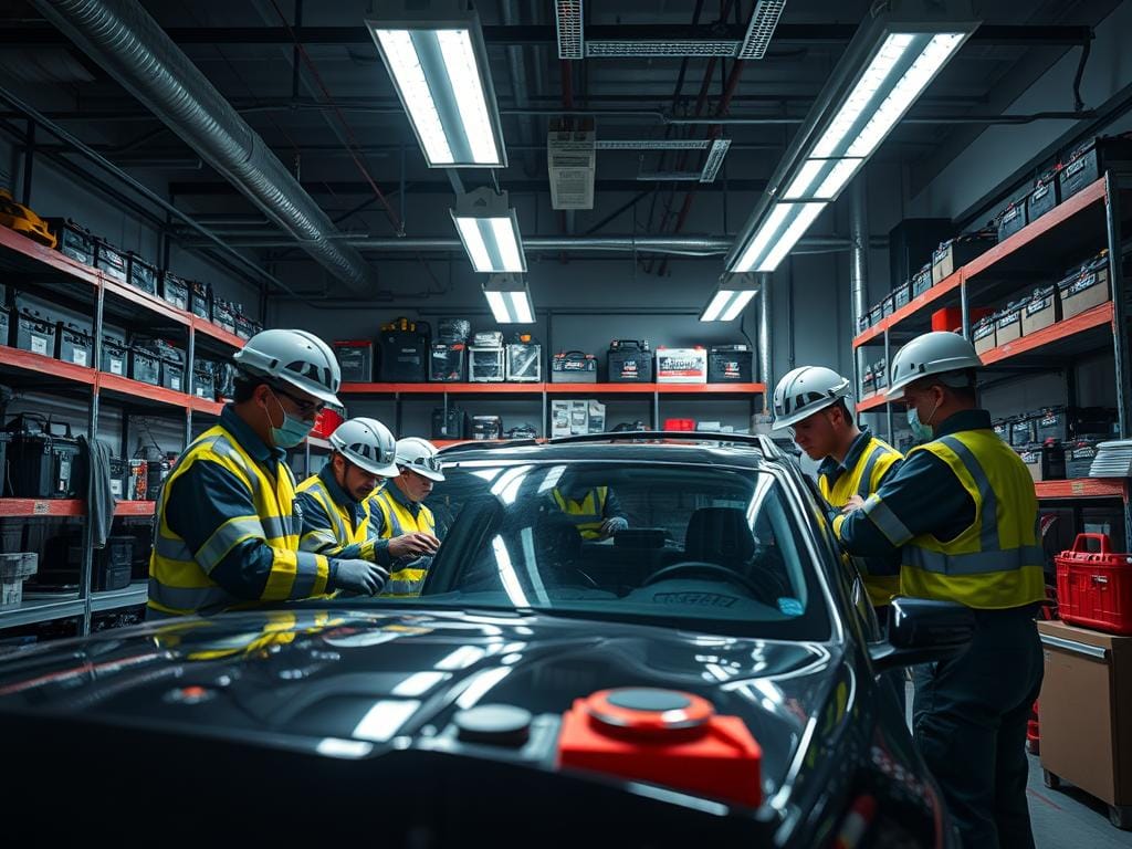 A high-contrast, realistic scene of a 24/7 emergency battery service center in Bogotá, Colombia. In the foreground, a team of technicians in full safety gear rapidly assessing and replacing a car battery. Powerful overhead lighting illuminates the hustle and bustle, while in the background, shelves stocked with various battery models and emergency equipment create a sense of preparedness. The environment conveys a mood of urgency and professionalism, with clean lines, gleaming metal surfaces, and a neutral color palette. Dramatic angles and tight framing emphasize the efficient, on-demand nature of the service. A high-contrast, realistic scene of a 24/7 emergency battery service center in Bogotá, Colombia. In the foreground, a team of technicians in full safety gear rapidly assessing and replacing a car battery. Powerful overhead lighting illuminates the hustle and bustle, while in the background, shelves stocked with various battery models and emergency equipment create a sense of preparedness. The environment conveys a mood of urgency and professionalism, with clean lines, gleaming metal surfaces, and a neutral color palette. Dramatic angles and tight framing emphasize the efficient, on-demand nature of the service.