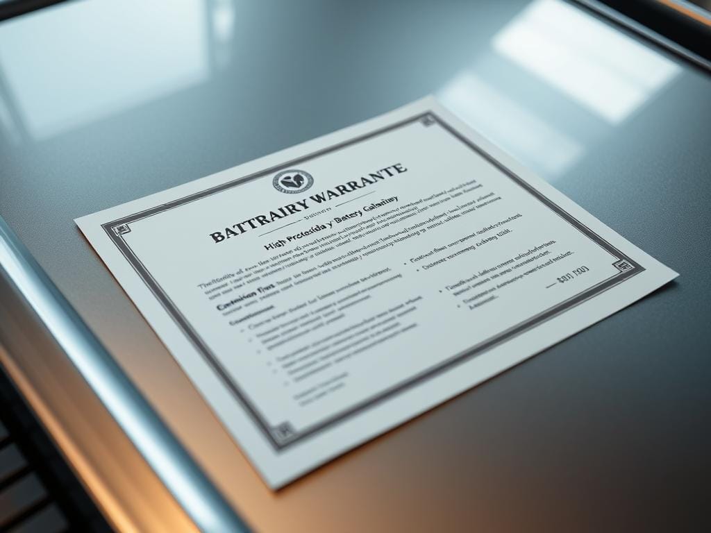 A high-quality battery warranty certificate resting on a sleek, metallic surface, illuminated by soft, indirect lighting. The certificate's design features a premium emblem or logo, along with clearly printed terms and conditions in a clean, modern typeface. The overall composition conveys a sense of reliability, quality, and consumer protection, reflecting the "Compra Protegida y Garantías" section of the article on premium car battery sales. A high-quality battery warranty certificate resting on a sleek, metallic surface, illuminated by soft, indirect lighting. The certificate's design features a premium emblem or logo, along with clearly printed terms and conditions in a clean, modern typeface. The overall composition conveys a sense of reliability, quality, and consumer protection, reflecting the "Compra Protegida y Garantías" section of the article on premium car battery sales.