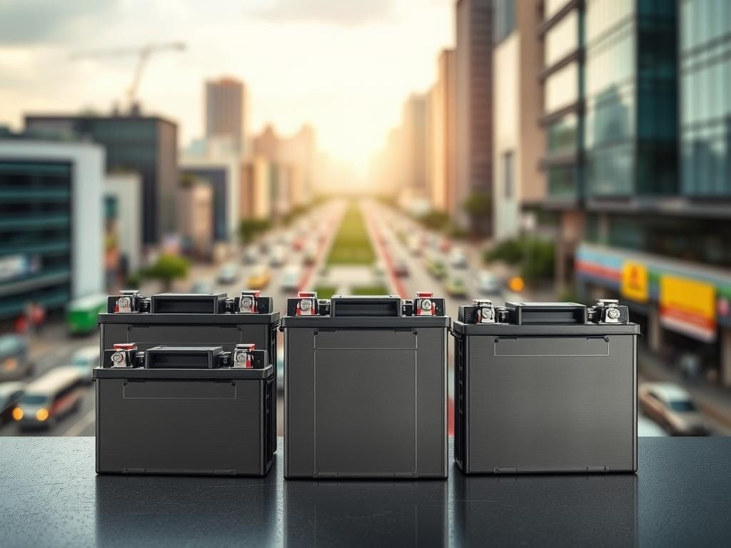 A high-quality, heavy-duty battery array prominently displayed against a blurred urban backdrop of Bogotá's bustling cityscape. The batteries are showcased in a well-lit, front-facing arrangement, their sleek, metallic casings gleaming under a soft, directional light. The scene conveys a sense of power, reliability, and technological sophistication, suitable for powering mission-critical applications in the demanding environment of Colombia's capital. The composition emphasizes the batteries' robust construction and extended warranty, highlighting their suitability for intensive use in Bogotá's diverse terrain and climate. A high-quality, heavy-duty battery array prominently displayed against a blurred urban backdrop of Bogotá's bustling cityscape. The batteries are showcased in a well-lit, front-facing arrangement, their sleek, metallic casings gleaming under a soft, directional light. The scene conveys a sense of power, reliability, and technological sophistication, suitable for powering mission-critical applications in the demanding environment of Colombia's capital. The composition emphasizes the batteries' robust construction and extended warranty, highlighting their suitability for intensive use in Bogotá's diverse terrain and climate.