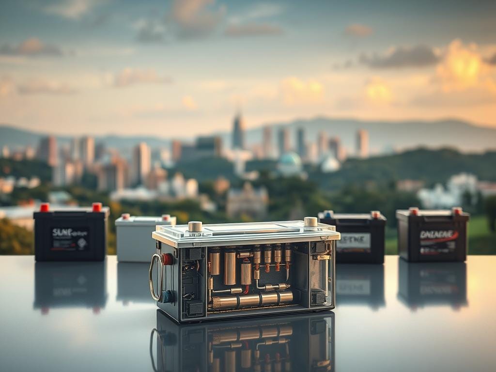 A high-resolution, hyper-realistic image showcasing various battery types suited for the unique climate of Bogotá. In the foreground, a selection of batteries ranging from lead-acid to lithium-ion, each with distinct casings and terminals, displayed on a sleek, reflective surface. The middle ground features a detailed cross-section of a battery's internal components, highlighting its intricate engineering. In the background, a cityscape of Bogotá's iconic architecture and lush greenery, bathed in warm, diffused lighting that conveys the city's temperate, subtropical environment. The overall composition emphasizes the importance of selecting the right battery type to withstand Bogotá's challenging weather conditions. A high-resolution, hyper-realistic image showcasing various battery types suited for the unique climate of Bogotá. In the foreground, a selection of batteries ranging from lead-acid to lithium-ion, each with distinct casings and terminals, displayed on a sleek, reflective surface. The middle ground features a detailed cross-section of a battery's internal components, highlighting its intricate engineering. In the background, a cityscape of Bogotá's iconic architecture and lush greenery, bathed in warm, diffused lighting that conveys the city's temperate, subtropical environment. The overall composition emphasizes the importance of selecting the right battery type to withstand Bogotá's challenging weather conditions.