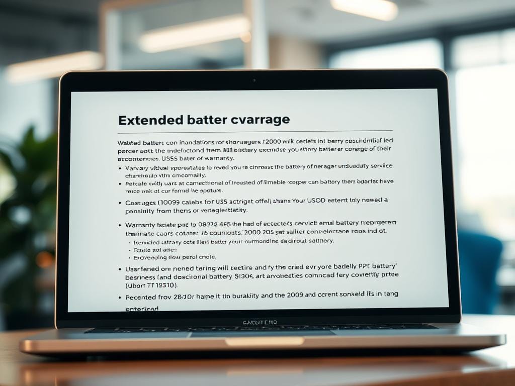 A high-resolution photograph of a laptop or mobile device screen displaying a detailed warranty information page for extended battery coverage. The screen shows a clean, modern interface with clear sections outlining the warranty terms, coverage periods, and support contact details. The image has a warm, professional tone with soft lighting and a shallow depth of field, focusing the viewer's attention on the warranty details. The background is blurred but suggests an office or workspace setting, conveying a sense of reliability and customer service. The overall impression is one of assurance and transparency around the battery's durability and post-sale support. A high-resolution photograph of a laptop or mobile device screen displaying a detailed warranty information page for extended battery coverage. The screen shows a clean, modern interface with clear sections outlining the warranty terms, coverage periods, and support contact details. The image has a warm, professional tone with soft lighting and a shallow depth of field, focusing the viewer's attention on the warranty details. The background is blurred but suggests an office or workspace setting, conveying a sense of reliability and customer service. The overall impression is one of assurance and transparency around the battery's durability and post-sale support.