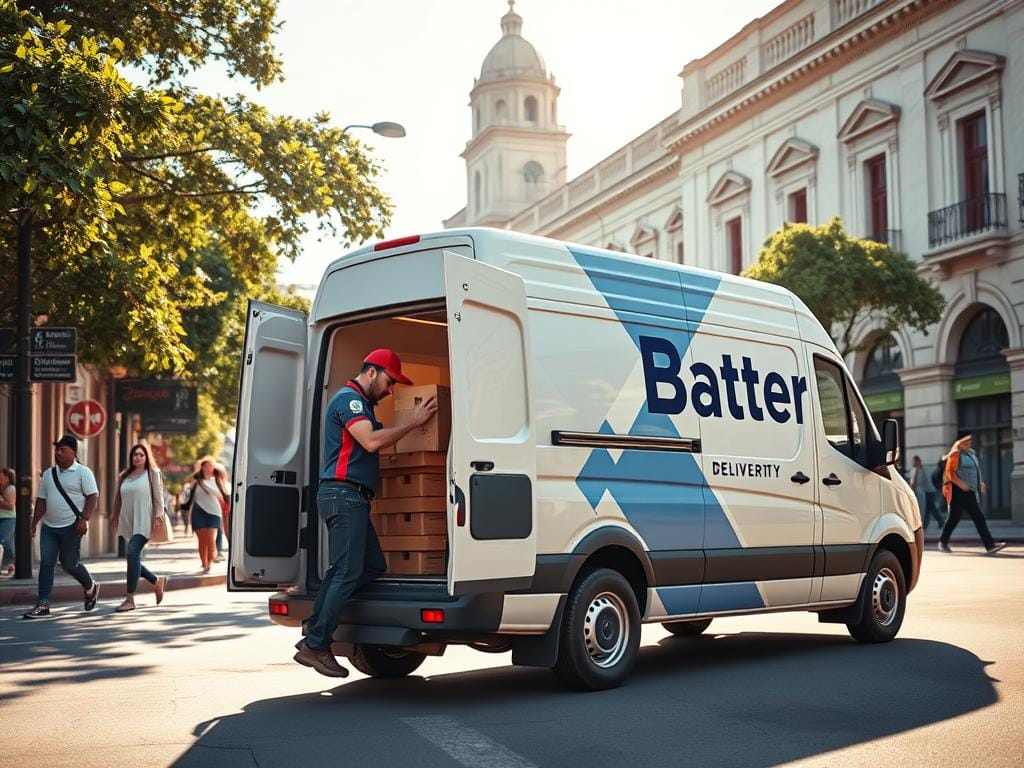 A high-resolution, photorealistic image of a sleek, modern delivery van parked on a sunny street in Bogotá, Colombia. The van's design features clean lines, a bold color scheme, and prominent branding that conveys a sense of professionalism and reliability. In the foreground, a uniformed delivery driver carefully loads packages into the van's rear compartment, highlighting the efficiency and care taken in the delivery process. The middle ground showcases a vibrant urban setting, with bustling pedestrians, lush foliage, and historic colonial architecture in the background, creating a visually striking and immersive scene. The lighting is natural and warm, casting long shadows and highlighting the van's sleek curves. The overall atmosphere evokes a sense of convenience, trust, and attention to detail in the high-end battery delivery service. A high-resolution, photorealistic image of a sleek, modern delivery van parked on a sunny street in Bogotá, Colombia. The van's design features clean lines, a bold color scheme, and prominent branding that conveys a sense of professionalism and reliability. In the foreground, a uniformed delivery driver carefully loads packages into the van's rear compartment, highlighting the efficiency and care taken in the delivery process. The middle ground showcases a vibrant urban setting, with bustling pedestrians, lush foliage, and historic colonial architecture in the background, creating a visually striking and immersive scene. The lighting is natural and warm, casting long shadows and highlighting the van's sleek curves. The overall atmosphere evokes a sense of convenience, trust, and attention to detail in the high-end battery delivery service.