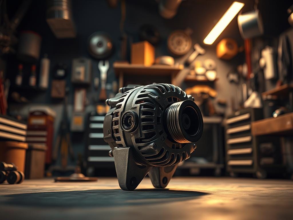 A high-resolution, photorealistic image of an automotive alternator in a dimly lit garage in Bogotá, Colombia. The alternator is the focal point, occupying the center of the frame, with a clean and organized background showcasing various tools, automotive parts, and a tool chest. The lighting is warm and directional, casting subtle shadows that accentuate the alternator's intricate details. The camera angle is slightly elevated, providing a clear and comprehensive view of the alternator's components. The overall mood is one of focused attention, with a sense of technical precision and problem-solving. A high-resolution, photorealistic image of an automotive alternator in a dimly lit garage in Bogotá, Colombia. The alternator is the focal point, occupying the center of the frame, with a clean and organized background showcasing various tools, automotive parts, and a tool chest. The lighting is warm and directional, casting subtle shadows that accentuate the alternator's intricate details. The camera angle is slightly elevated, providing a clear and comprehensive view of the alternator's components. The overall mood is one of focused attention, with a sense of technical precision and problem-solving.