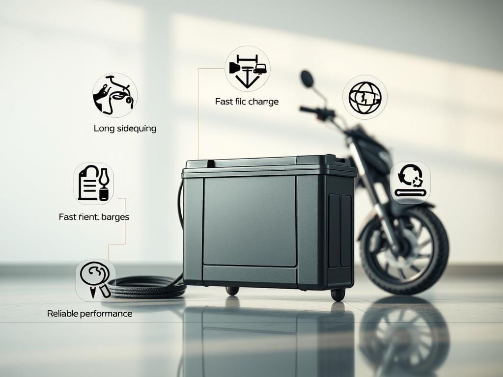A high-resolution, realistic photograph of the benefits of an electric motorcycle battery displayed on a clean, well-lit surface. The battery is prominently featured, surrounded by icons or symbols representing its key advantages, such as long lifespan, fast charging, eco-friendliness, and reliable performance. The composition emphasizes the battery's quality and the value it provides to electric motorcycle owners. The lighting is soft and natural, creating a professional, informative, and visually appealing image. A high-resolution, realistic photograph of the benefits of an electric motorcycle battery displayed on a clean, well-lit surface. The battery is prominently featured, surrounded by icons or symbols representing its key advantages, such as long lifespan, fast charging, eco-friendliness, and reliable performance. The composition emphasizes the battery's quality and the value it provides to electric motorcycle owners. The lighting is soft and natural, creating a professional, informative, and visually appealing image.