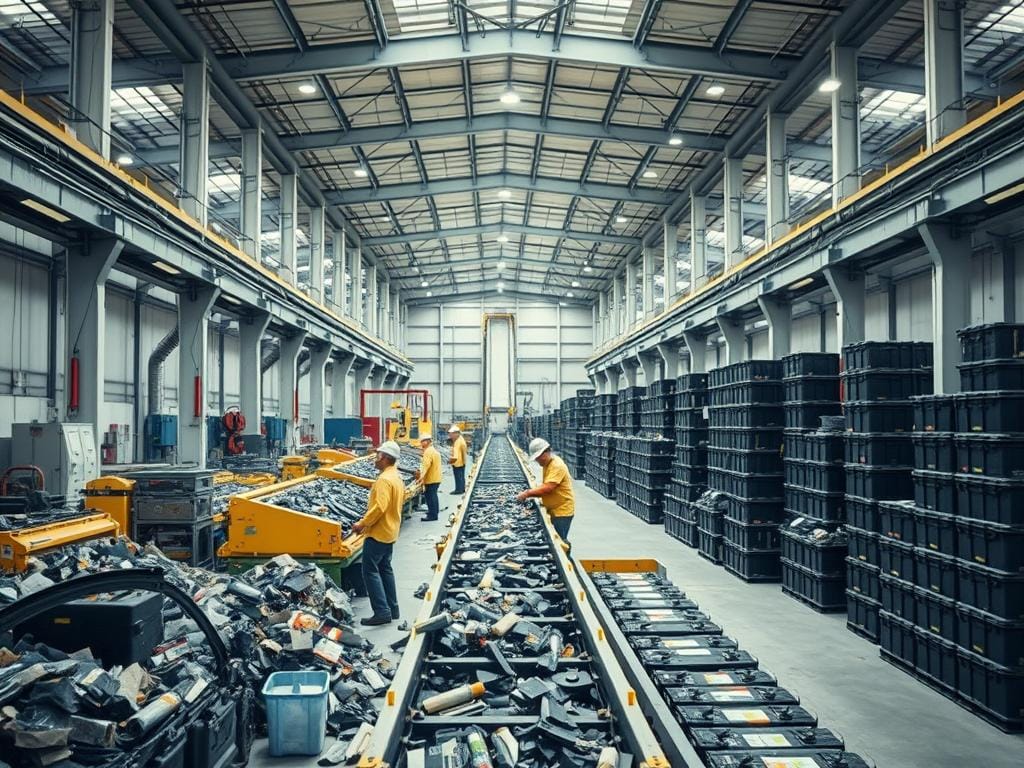 A large industrial warehouse with high ceilings and bright, diffused lighting. In the foreground, a group of workers carefully disassemble used automotive batteries, sorting the various components like lead plates, plastic casings, and acid electrolyte into separate bins. The middle ground shows a conveyor belt system transporting the sorted materials to the back of the warehouse, where advanced recycling equipment processes the components into reusable raw materials. In the background, rows of neatly stacked, refurbished automotive batteries ready for resale. The scene conveys a sense of efficiency, responsibility, and environmental stewardship. A large industrial warehouse with high ceilings and bright, diffused lighting. In the foreground, a group of workers carefully disassemble used automotive batteries, sorting the various components like lead plates, plastic casings, and acid electrolyte into separate bins. The middle ground shows a conveyor belt system transporting the sorted materials to the back of the warehouse, where advanced recycling equipment processes the components into reusable raw materials. In the background, rows of neatly stacked, refurbished automotive batteries ready for resale. The scene conveys a sense of efficiency, responsibility, and environmental stewardship.