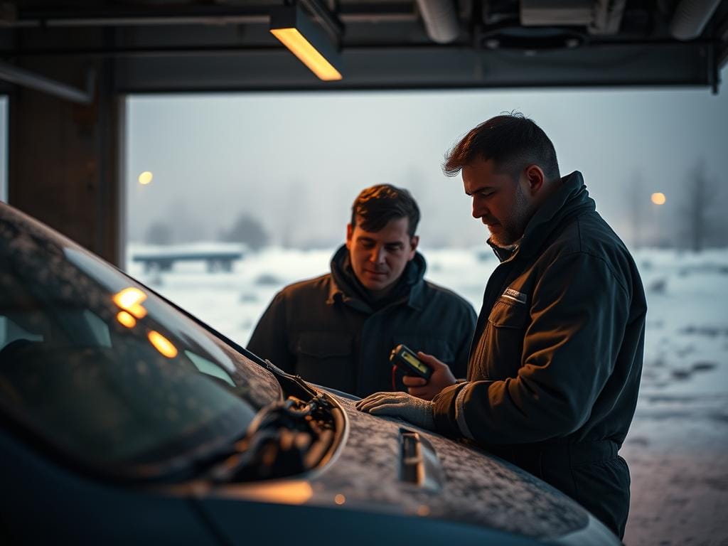 A mechanic carefully inspecting the battery of a car parked in a snowy winter landscape. The scene takes place in a dimly lit garage, with warm pools of light from overhead lamps casting a soft glow on the mechanic's face and the car's exterior. In the background, the muted tones of the snow-covered ground and the hazy, overcast sky create a sense of tranquility and isolation. The mechanic's movements are precise and focused, their expression one of professional concentration as they test the battery's charge and connections. The overall mood is one of diligence and attention to detail, underscoring the importance of this critical maintenance task during the challenging winter season. A mechanic carefully inspecting the battery of a car parked in a snowy winter landscape. The scene takes place in a dimly lit garage, with warm pools of light from overhead lamps casting a soft glow on the mechanic's face and the car's exterior. In the background, the muted tones of the snow-covered ground and the hazy, overcast sky create a sense of tranquility and isolation. The mechanic's movements are precise and focused, their expression one of professional concentration as they test the battery's charge and connections. The overall mood is one of diligence and attention to detail, underscoring the importance of this critical maintenance task during the challenging winter season.