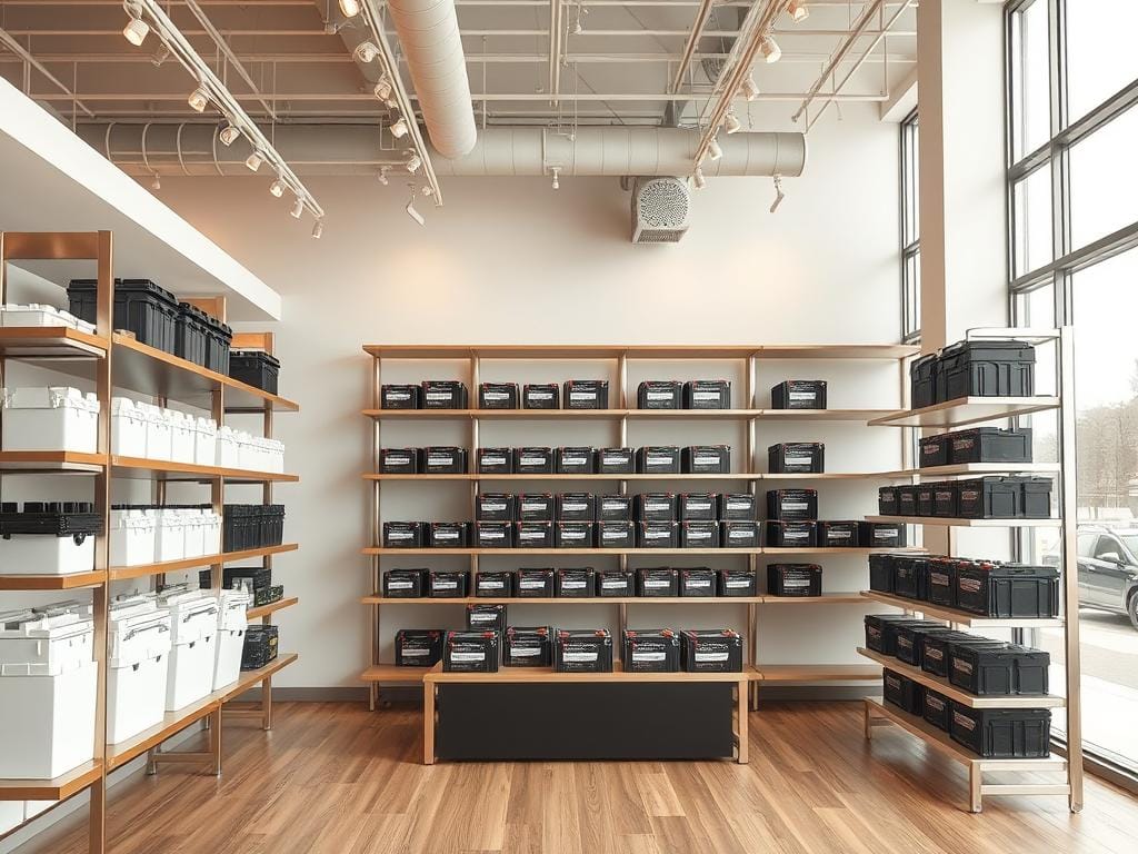 A modern and minimalist retail display showcasing a variety of competitively priced batteries in a well-lit, spacious showroom. Sleek, brushed metal shelves neatly organize the battery products, emphasizing their quality and durability. Warm, diffused lighting from overhead fixtures creates a welcoming atmosphere, while large windows flood the space with natural light, highlighting the transparent pricing and value proposition. The batteries are arranged in an inviting, customer-friendly manner, allowing potential buyers to easily compare the options. The overall scene conveys a sense of professionalism, trust, and commitment to providing the best possible prices for high-quality emergency battery solutions. A modern and minimalist retail display showcasing a variety of competitively priced batteries in a well-lit, spacious showroom. Sleek, brushed metal shelves neatly organize the battery products, emphasizing their quality and durability. Warm, diffused lighting from overhead fixtures creates a welcoming atmosphere, while large windows flood the space with natural light, highlighting the transparent pricing and value proposition. The batteries are arranged in an inviting, customer-friendly manner, allowing potential buyers to easily compare the options. The overall scene conveys a sense of professionalism, trust, and commitment to providing the best possible prices for high-quality emergency battery solutions.