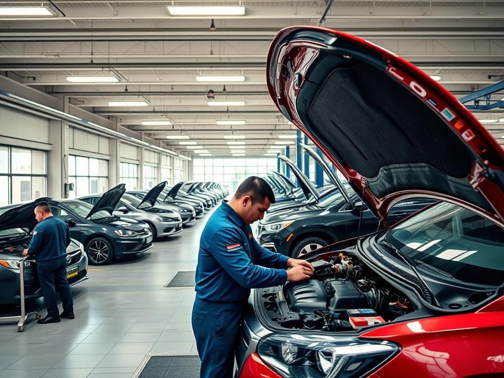 A modern auto repair shop in Bogotá, Colombia, with well-equipped bays and skilled mechanics working on various vehicle makes and models. Bright overhead lighting illuminates the clean, organized workspace, while large windows allow natural light to filter in, creating a welcoming atmosphere. In the foreground, a technician in a branded uniform carefully inspects the engine of a mid-sized sedan, using specialized tools and equipment. In the middle ground, other mechanics are visible tending to different repair tasks, their focus and expertise evident in their movements. The background showcases rows of neatly parked cars awaiting service, suggesting the comprehensive nature of the specialized services offered at this establishment. A modern auto repair shop in Bogotá, Colombia, with well-equipped bays and skilled mechanics working on various vehicle makes and models. Bright overhead lighting illuminates the clean, organized workspace, while large windows allow natural light to filter in, creating a welcoming atmosphere. In the foreground, a technician in a branded uniform carefully inspects the engine of a mid-sized sedan, using specialized tools and equipment. In the middle ground, other mechanics are visible tending to different repair tasks, their focus and expertise evident in their movements. The background showcases rows of neatly parked cars awaiting service, suggesting the comprehensive nature of the specialized services offered at this establishment.