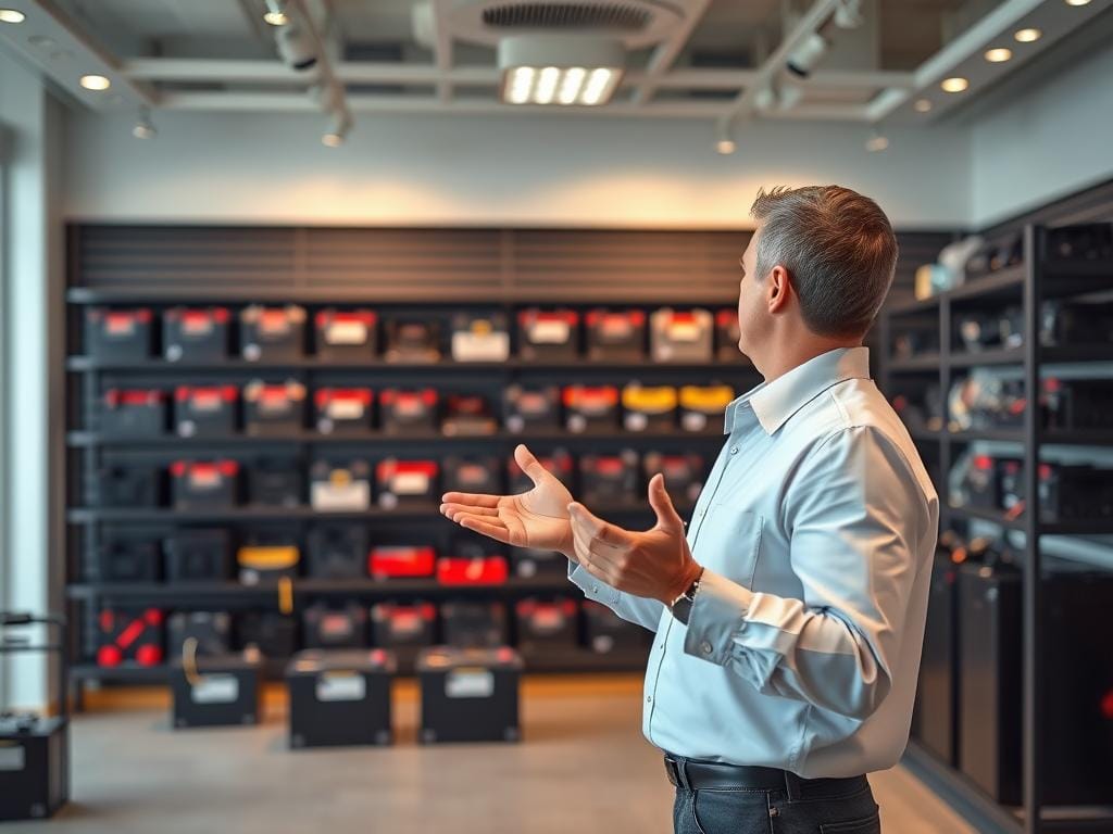 A modern, well-lit showroom showcasing an array of car batteries. In the foreground, a salesperson demonstrates the battery purchase process, highlighting key features and walking a customer through the steps. The middle ground features a selection of various battery types, sizes, and brands, neatly organized on shelves. In the background, the showroom's sleek, minimalist design creates a professional, trustworthy atmosphere. Soft, directional lighting casts a warm glow, emphasizing the high-quality products and knowledgeable staff. The scene conveys a seamless, consultative buying experience for the discerning customer. A modern, well-lit showroom showcasing an array of car batteries. In the foreground, a salesperson demonstrates the battery purchase process, highlighting key features and walking a customer through the steps. The middle ground features a selection of various battery types, sizes, and brands, neatly organized on shelves. In the background, the showroom's sleek, minimalist design creates a professional, trustworthy atmosphere. Soft, directional lighting casts a warm glow, emphasizing the high-quality products and knowledgeable staff. The scene conveys a seamless, consultative buying experience for the discerning customer.