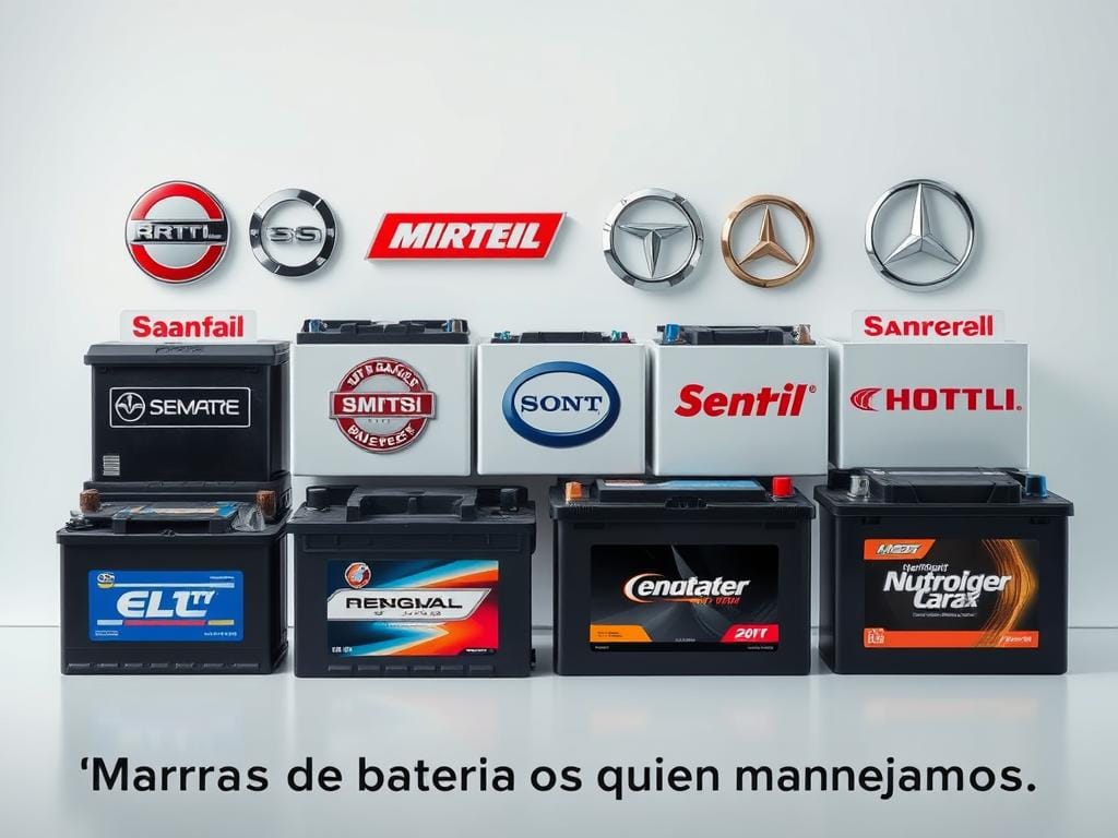 A neatly arranged display of high-quality car battery brands, showcasing their distinct logos and designs. The batteries are presented against a clean, well-lit background, capturing their sleek, modern aesthetic. The image conveys a sense of professionalism and attention to detail, highlighting the range of reliable options available for automotive needs. The batteries are positioned in a visually appealing manner, allowing the viewer to clearly discern the various makes and models. The lighting is soft and diffused, creating a sense of depth and emphasizing the textural qualities of the battery casings. This image would effectively illustrate the "Marcas de baterías que manejamos" section, providing a comprehensive visual representation of the high-quality battery options offered by the company. A neatly arranged display of high-quality car battery brands, showcasing their distinct logos and designs. The batteries are presented against a clean, well-lit background, capturing their sleek, modern aesthetic. The image conveys a sense of professionalism and attention to detail, highlighting the range of reliable options available for automotive needs. The batteries are positioned in a visually appealing manner, allowing the viewer to clearly discern the various makes and models. The lighting is soft and diffused, creating a sense of depth and emphasizing the textural qualities of the battery casings. This image would effectively illustrate the "Marcas de baterías que manejamos" section, providing a comprehensive visual representation of the high-quality battery options offered by the company.
