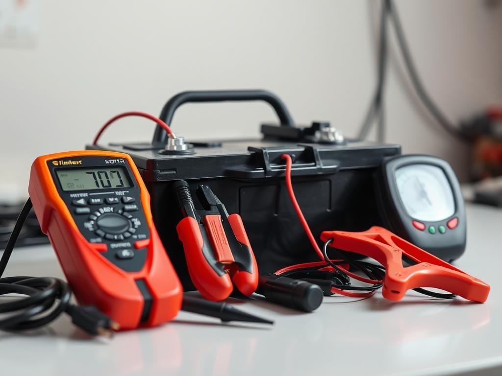 A neatly arranged set of automotive tools for measuring battery voltage, including a digital multimeter, battery clamps, and a voltmeter, placed on a clean workbench against a neutral, well-lit background. The tools are showcased in a professional, technical manner, reflecting the precise and meticulous nature of battery diagnostics. The overall composition conveys a sense of reliability, attention to detail, and the expertise required to properly assess a vehicle's battery health in Bogotá. A neatly arranged set of automotive tools for measuring battery voltage, including a digital multimeter, battery clamps, and a voltmeter, placed on a clean workbench against a neutral, well-lit background. The tools are showcased in a professional, technical manner, reflecting the precise and meticulous nature of battery diagnostics. The overall composition conveys a sense of reliability, attention to detail, and the expertise required to properly assess a vehicle's battery health in Bogotá.