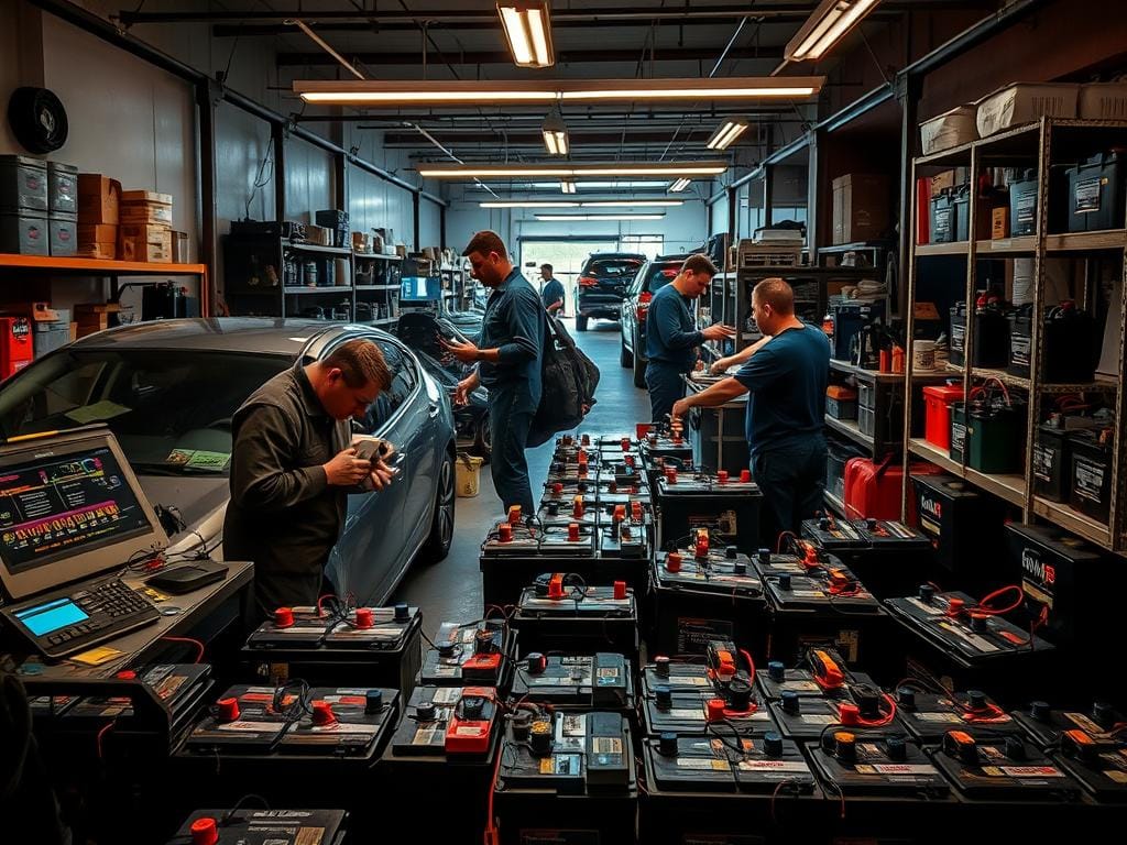 A neatly organized automotive workshop, dimly lit with warm hues from overhead lamps. In the foreground, a mechanic carefully inspects the battery terminals of a parked car, using specialized tools. Diagnostic equipment displays readouts on a nearby workbench, while shelves stocked with replacement batteries line the walls. The middle ground features a collection of car batteries in various stages of inspection and maintenance, each labeled with detailed information. In the background, other mechanics attend to various vehicle systems, creating a sense of a well-oiled operation dedicated to preventive battery care. The scene conveys a professional, attentive atmosphere, focused on ensuring reliable battery performance for drivers in Bogotá. A neatly organized automotive workshop, dimly lit with warm hues from overhead lamps. In the foreground, a mechanic carefully inspects the battery terminals of a parked car, using specialized tools. Diagnostic equipment displays readouts on a nearby workbench, while shelves stocked with replacement batteries line the walls. The middle ground features a collection of car batteries in various stages of inspection and maintenance, each labeled with detailed information. In the background, other mechanics attend to various vehicle systems, creating a sense of a well-oiled operation dedicated to preventive battery care. The scene conveys a professional, attentive atmosphere, focused on ensuring reliable battery performance for drivers in Bogotá.