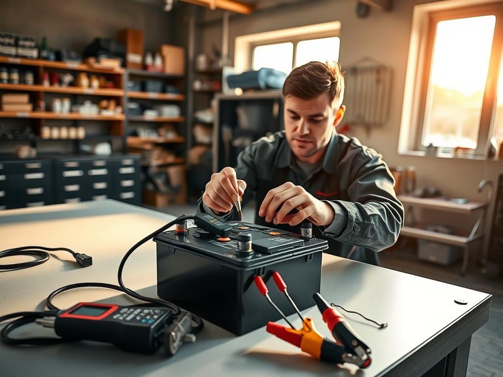 A neatly organized automotive workshop with a well-lit workbench. On the surface, a car battery, jumper cables, and a set of tools including a voltmeter and a wire brush. Experienced mechanic's hands carefully inspecting the battery terminals, ensuring proper connections and cleaning away any corrosion. The expression on their face is one of focused concentration, underscoring the importance of proper battery maintenance. The background features shelves stocked with replacement parts and a wall-mounted tool rack, conveying a sense of professionalism and attention to detail. Warm, natural lighting filters in through large windows, casting a soft glow over the scene and emphasizing the importance of this routine automotive service. A neatly organized automotive workshop with a well-lit workbench. On the surface, a car battery, jumper cables, and a set of tools including a voltmeter and a wire brush. Experienced mechanic's hands carefully inspecting the battery terminals, ensuring proper connections and cleaning away any corrosion. The expression on their face is one of focused concentration, underscoring the importance of proper battery maintenance. The background features shelves stocked with replacement parts and a wall-mounted tool rack, conveying a sense of professionalism and attention to detail. Warm, natural lighting filters in through large windows, casting a soft glow over the scene and emphasizing the importance of this routine automotive service.