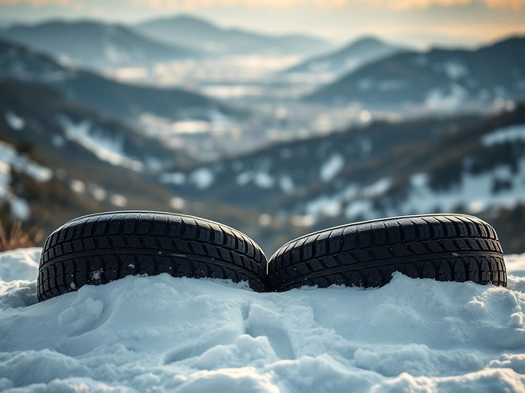 A pair of rugged, high-quality winter tires resting on a snowy, mountainous landscape. The tires' deep, aggressive treads glisten under the soft, diffused lighting, conveying a sense of reliable traction and control. In the background, a blurred cityscape of Bogotá nestles between rolling hills, hinting at the urban environment these tires are designed to navigate through the cold, wet season. The overall scene evokes a feeling of preparedness and confidence, perfectly capturing the essence of the "Revisa y ajusta los neumáticos" section of the article. A pair of rugged, high-quality winter tires resting on a snowy, mountainous landscape. The tires' deep, aggressive treads glisten under the soft, diffused lighting, conveying a sense of reliable traction and control. In the background, a blurred cityscape of Bogotá nestles between rolling hills, hinting at the urban environment these tires are designed to navigate through the cold, wet season. The overall scene evokes a feeling of preparedness and confidence, perfectly capturing the essence of the "Revisa y ajusta los neumáticos" section of the article.