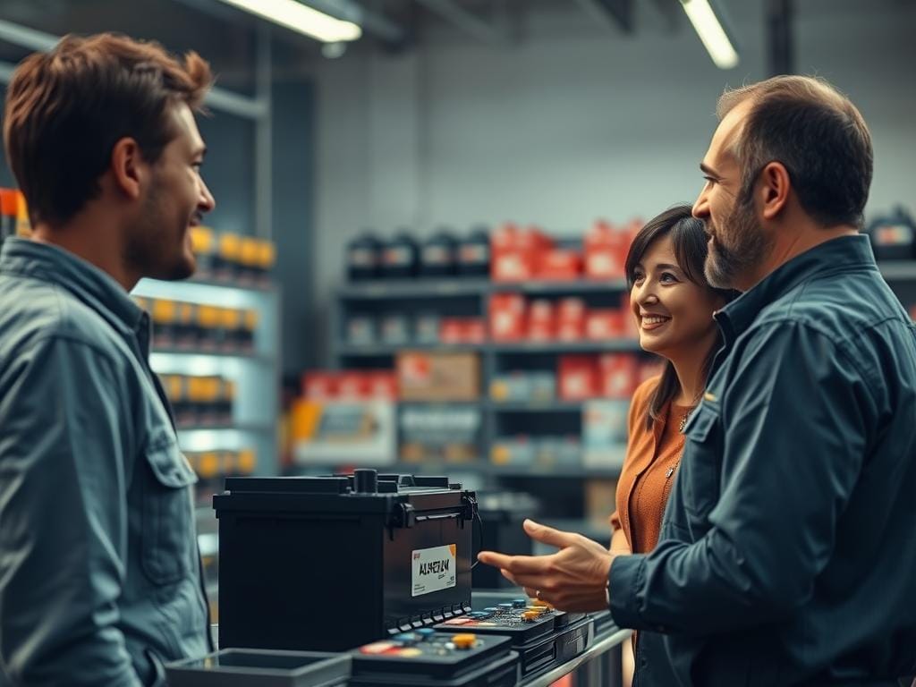 A photo of the process of purchasing an automotive battery. The scene depicts a customer standing in front of a store counter, examining a battery on display. The store's interior is well-lit, with shelves of batteries in the background. The customer is wearing casual clothing, and the salesperson is engaged in a friendly discussion, explaining the battery's features. The overall atmosphere conveys a sense of professionalism and customer service. The image is captured from a slightly elevated angle, providing a clear view of the interaction. The lighting is natural, with warm tones, creating a welcoming ambiance. The focus is sharp, emphasizing the details of the battery and the expressions of the people involved. A photo of the process of purchasing an automotive battery. The scene depicts a customer standing in front of a store counter, examining a battery on display. The store's interior is well-lit, with shelves of batteries in the background. The customer is wearing casual clothing, and the salesperson is engaged in a friendly discussion, explaining the battery's features. The overall atmosphere conveys a sense of professionalism and customer service. The image is captured from a slightly elevated angle, providing a clear view of the interaction. The lighting is natural, with warm tones, creating a welcoming ambiance. The focus is sharp, emphasizing the details of the battery and the expressions of the people involved.