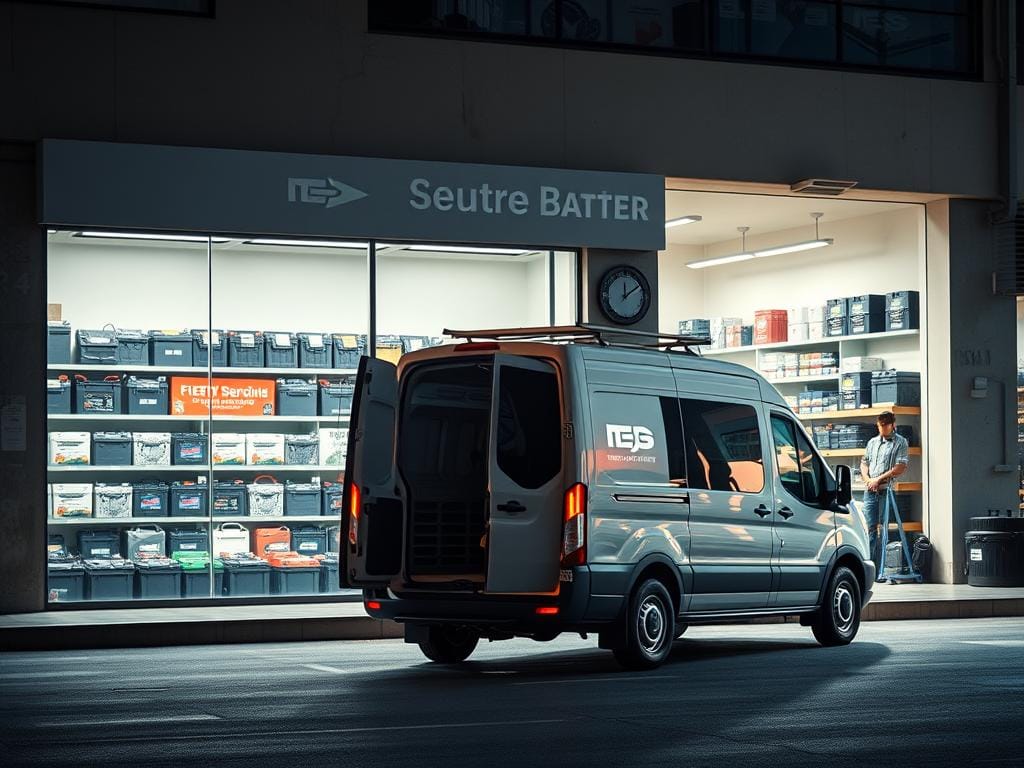 A photo showcasing a well-stocked battery shop for cars, with a focus on the home delivery service. The storefront features a large display window showcasing a variety of automotive batteries in different sizes and capacities. Inside, the shop is brightly lit, with shelves lining the walls and a team of knowledgeable staff ready to assist customers. In the foreground, a delivery van waits outside, its rear hatch open, ready to transport the selected battery to the customer's location. The scene conveys a sense of reliability, efficiency, and convenience, capturing the essence of the "Venta de baterías para carro con entrega a domicilio" service offering. A photo showcasing a well-stocked battery shop for cars, with a focus on the home delivery service. The storefront features a large display window showcasing a variety of automotive batteries in different sizes and capacities. Inside, the shop is brightly lit, with shelves lining the walls and a team of knowledgeable staff ready to assist customers. In the foreground, a delivery van waits outside, its rear hatch open, ready to transport the selected battery to the customer's location. The scene conveys a sense of reliability, efficiency, and convenience, capturing the essence of the "Venta de baterías para carro con entrega a domicilio" service offering.