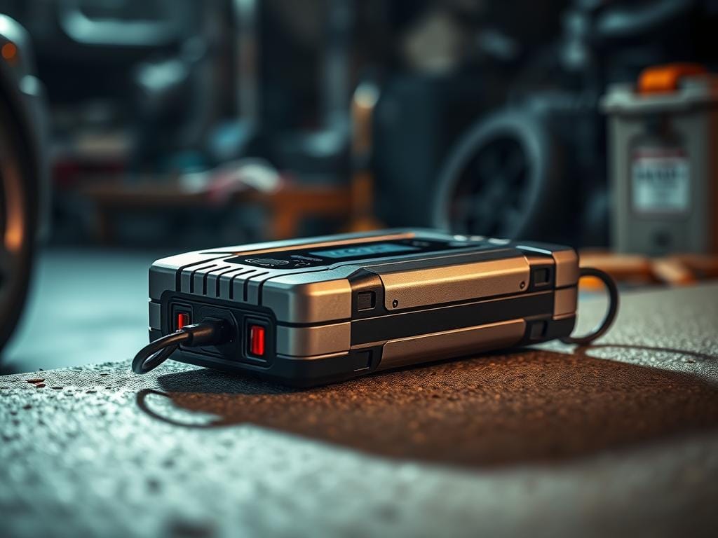 A portable vehicle jump starter resting on a textured surface, its sleek metallic body reflecting the soft ambient lighting. The device features a clear digital display, intuitive controls, and robust connectors, conveying its versatility and reliability for roadside emergencies. In the background, a dimly lit garage or workshop setting, with subtle hints of automotive tools and equipment, creating a sense of practicality and functionality. The overall scene exudes a sense of preparedness and confidence, showcasing the portable jump starter as an essential tool for modern drivers facing unexpected power issues on the road. A portable vehicle jump starter resting on a textured surface, its sleek metallic body reflecting the soft ambient lighting. The device features a clear digital display, intuitive controls, and robust connectors, conveying its versatility and reliability for roadside emergencies. In the background, a dimly lit garage or workshop setting, with subtle hints of automotive tools and equipment, creating a sense of practicality and functionality. The overall scene exudes a sense of preparedness and confidence, showcasing the portable jump starter as an essential tool for modern drivers facing unexpected power issues on the road.