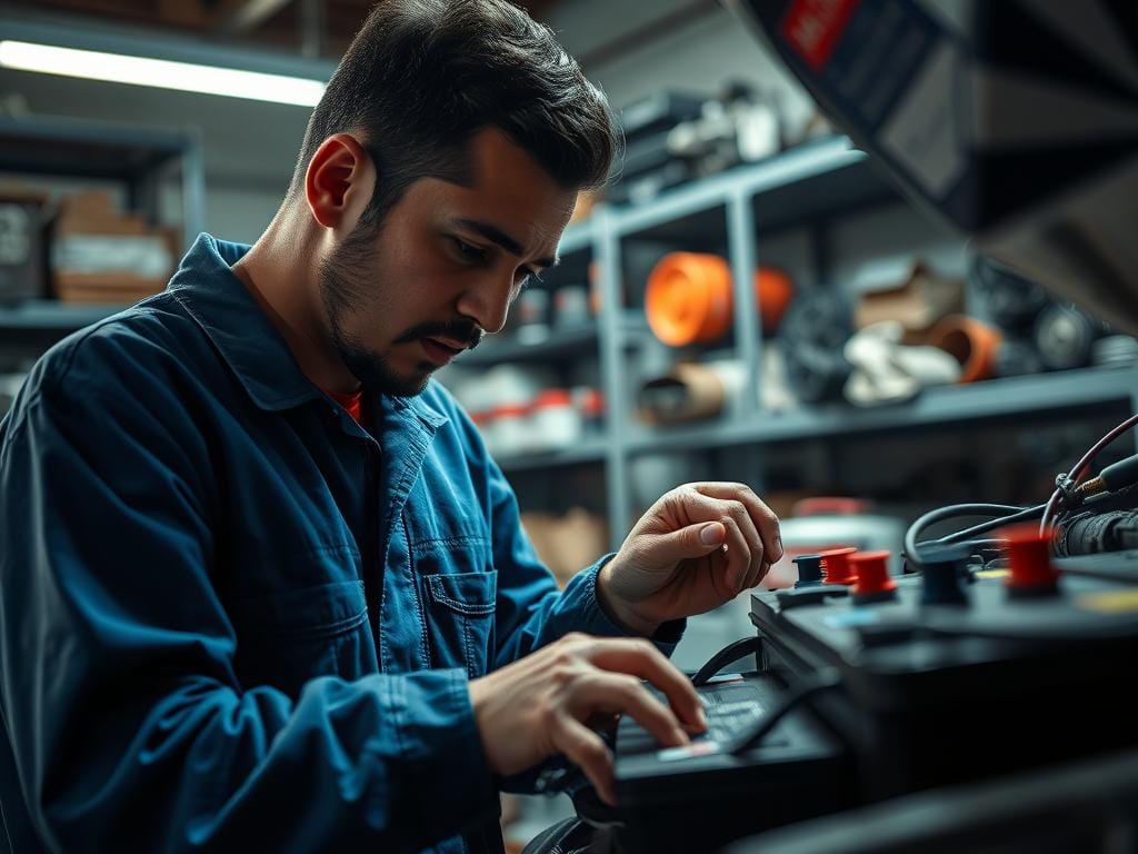 A professional automotive battery installation process in a cold Bogotá garage. The mechanic, dressed in a blue coverall, carefully inspects the battery terminals and connections with a focused expression. Soft, directional lighting illuminates the scene, casting subtle shadows that accentuate the texture of the tools and equipment. In the background, shelves stocked with various car parts create a sense of a well-equipped, functional workspace. The overall atmosphere conveys a sense of expertise, precision, and attention to detail, reflecting the "Preguntas frecuentes sobre instalación" section of the article. A professional automotive battery installation process in a cold Bogotá garage. The mechanic, dressed in a blue coverall, carefully inspects the battery terminals and connections with a focused expression. Soft, directional lighting illuminates the scene, casting subtle shadows that accentuate the texture of the tools and equipment. In the background, shelves stocked with various car parts create a sense of a well-equipped, functional workspace. The overall atmosphere conveys a sense of expertise, precision, and attention to detail, reflecting the "Preguntas frecuentes sobre instalación" section of the article.