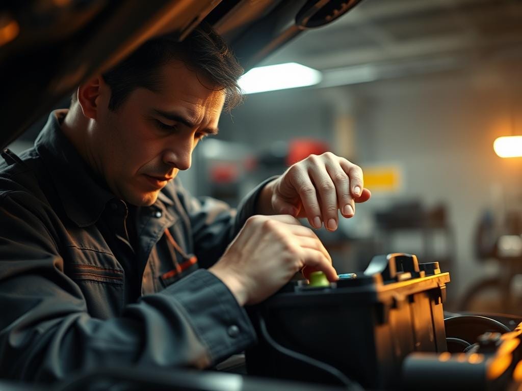 A professional mechanic carefully examining a car battery, their experienced hands disconnecting the terminals and removing the old battery. The scene is well-lit, with a warm, focused light illuminating the workspace. The background is slightly blurred, emphasizing the intricate, technical process unfolding. The mechanic's expression is one of concentration, their movements precise and deliberate, reflecting the importance of this crucial service. The overall atmosphere conveys a sense of professionalism, expertise, and attention to detail, perfectly capturing the essence of a professional battery replacement process. A professional mechanic carefully examining a car battery, their experienced hands disconnecting the terminals and removing the old battery. The scene is well-lit, with a warm, focused light illuminating the workspace. The background is slightly blurred, emphasizing the intricate, technical process unfolding. The mechanic's expression is one of concentration, their movements precise and deliberate, reflecting the importance of this crucial service. The overall atmosphere conveys a sense of professionalism, expertise, and attention to detail, perfectly capturing the essence of a professional battery replacement process.