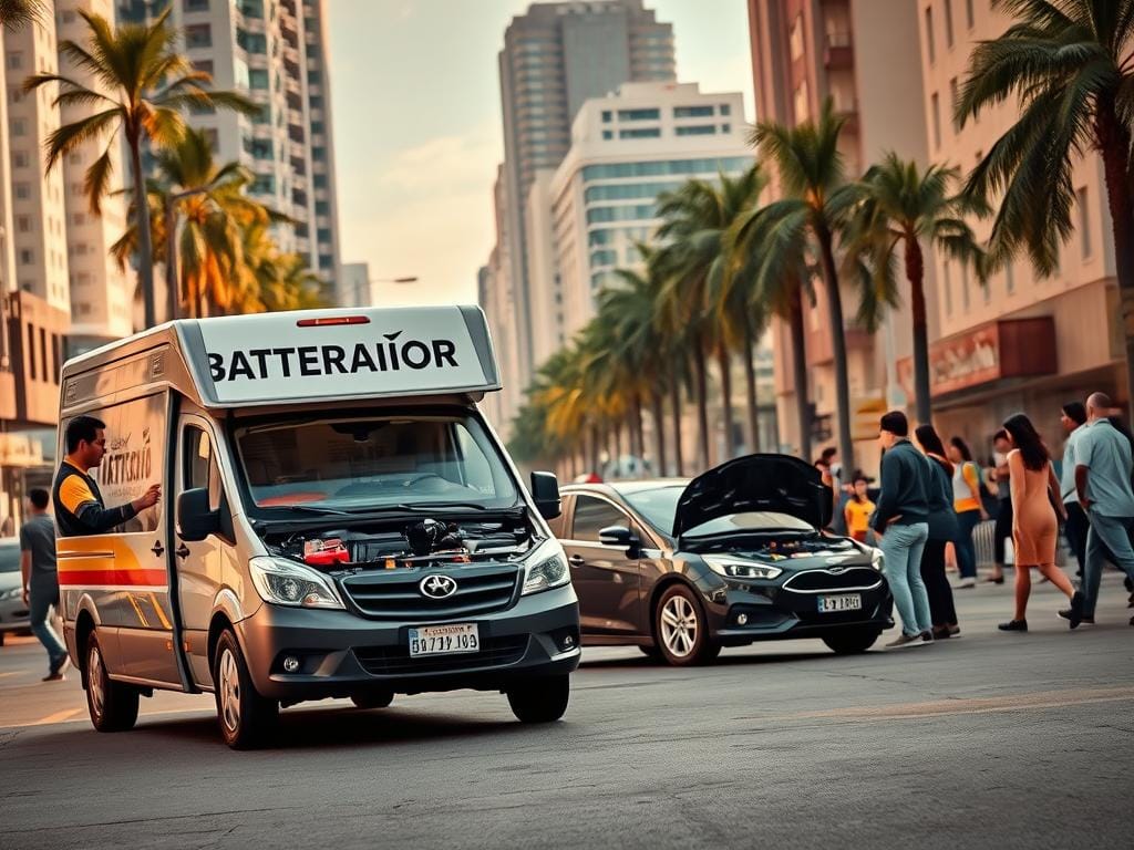 A realistic and detailed street scene in Bogotá, Colombia, showcasing a mobile battery service. In the foreground, a well-equipped service van with a prominent "Servicio de Baterías a Domicilio" sign stands ready to assist a stranded driver. The van's interior is visible, revealing tools and a battery display. In the middle ground, a modern sedan with its hood open signifies a dead battery, surrounded by concerned passengers. The background depicts a bustling urban setting with high-rise buildings, palm trees, and people going about their daily lives. The lighting is warm and natural, casting soft shadows and highlighting the service van's prominent presence. The overall mood conveys a sense of reliable and convenient roadside assistance readily available to drivers in need within the vibrant city of Bogotá.